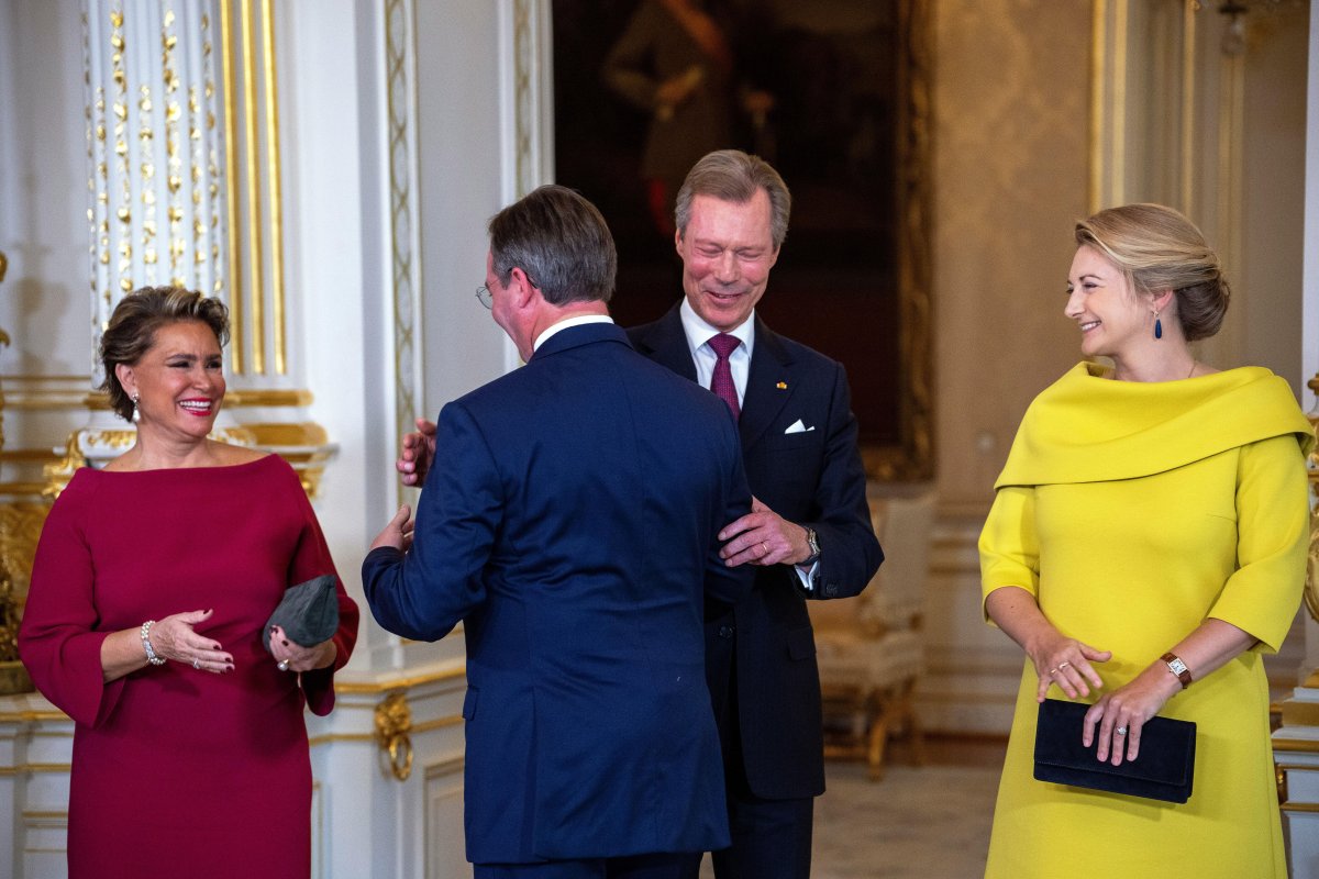 The Grand Duke and Grand Duchess of Luxembourg and the Hereditary Grand Duke and Hereditary Grand Duchess of Luxembourg are pictured at the Grand Ducal Palace during a ceremony marking Guillaume's appointment as Lieutenant-Représentant for his father on October 8, 2024 (Harald Tittel/DPA Picture Alliance/Alamy)