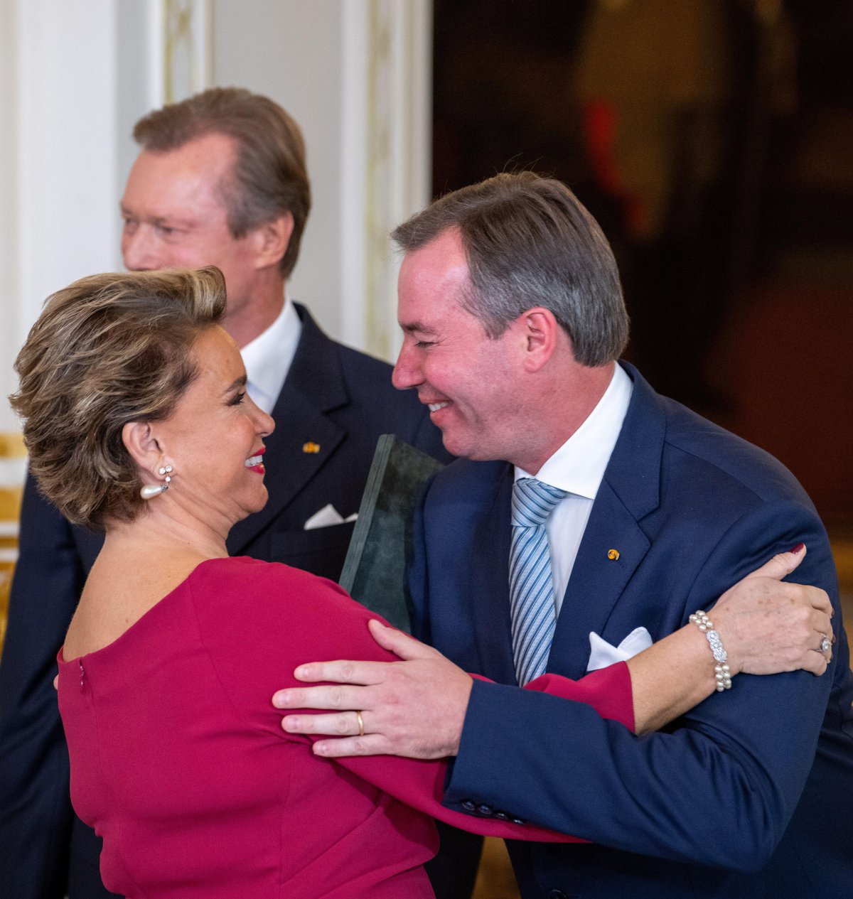The Grand Duchess and Hereditary Grand Duke of Luxembourg are pictured at the Grand Ducal Palace during a ceremony marking Hereditary Grand Duke Guillaume's appointment as Lieutenant-Représentant for his father on October 8, 2024 (Harald Tittel/DPA Picture Alliance/Alamy)