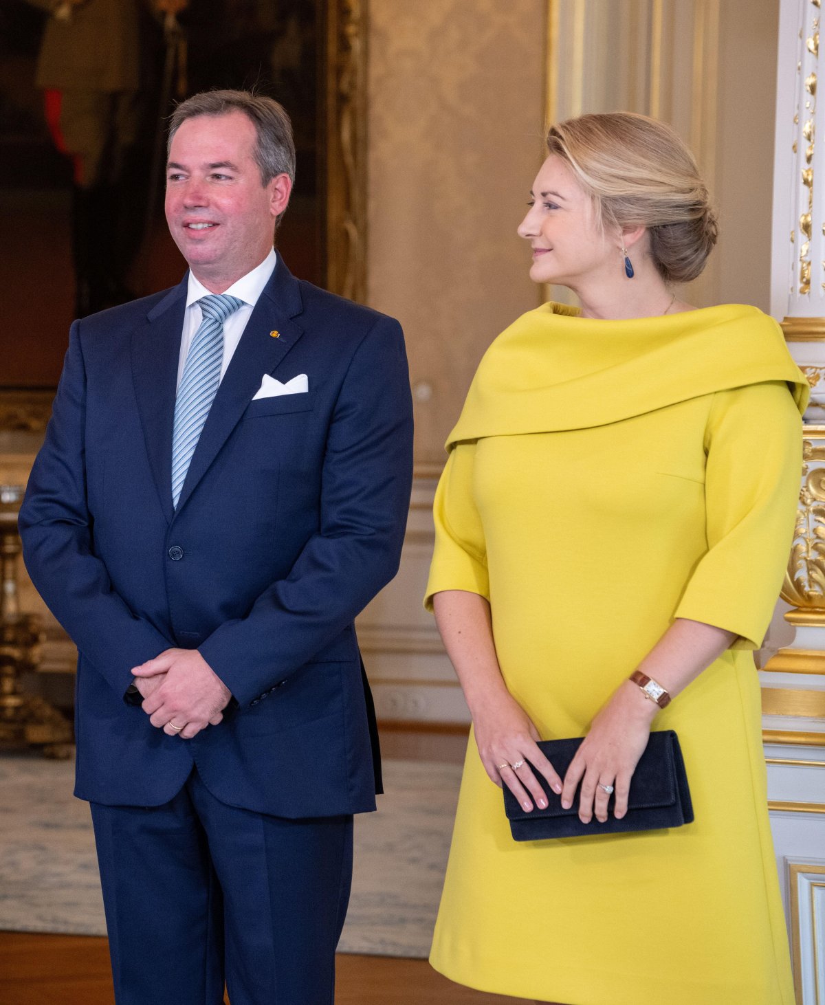 The Hereditary Grand Duke and Hereditary Grand Duchess of Luxembourg are pictured at the Grand Ducal Palace during a ceremony marking Hereditary Grand Duke Guillaume's appointment as Lieutenant-Représentant for his father on October 8, 2024 (Harald Tittel/DPA Picture Alliance/Alamy)