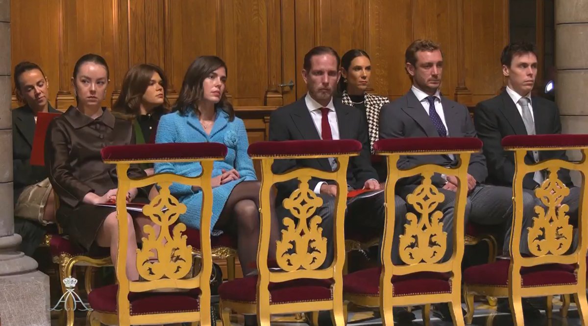 Pauline Ducruet, Princess Alexandra of Hanover, Camille Gottlieb, Charlotte Casiraghi, Andrea Casiraghi, Tatiana Casiraghi, Pierre Casiraghi, and Louis Ducruet attend a National Day mass at the Cathedral of Monaco on November 19, 2024 (Palais Princier de Monaco)