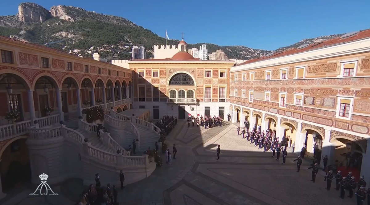 Members of the Grimaldi family gather in the palace courtyard to watch a military ceremony on Monaco's National Day on November 19, 2024 (Palais Princier de Monaco)