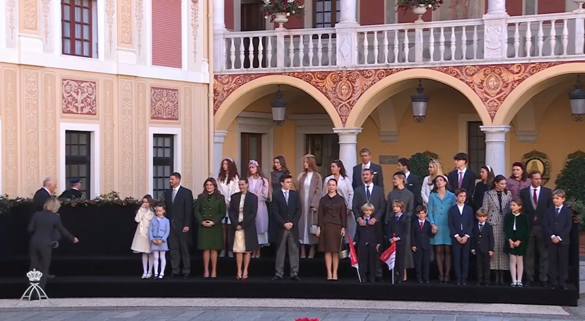 Members of the extended Grimaldi family gather in the palace courtyard to watch a military ceremony on Monaco's National Day on November 19, 2024 (Palais Princier de Monaco)