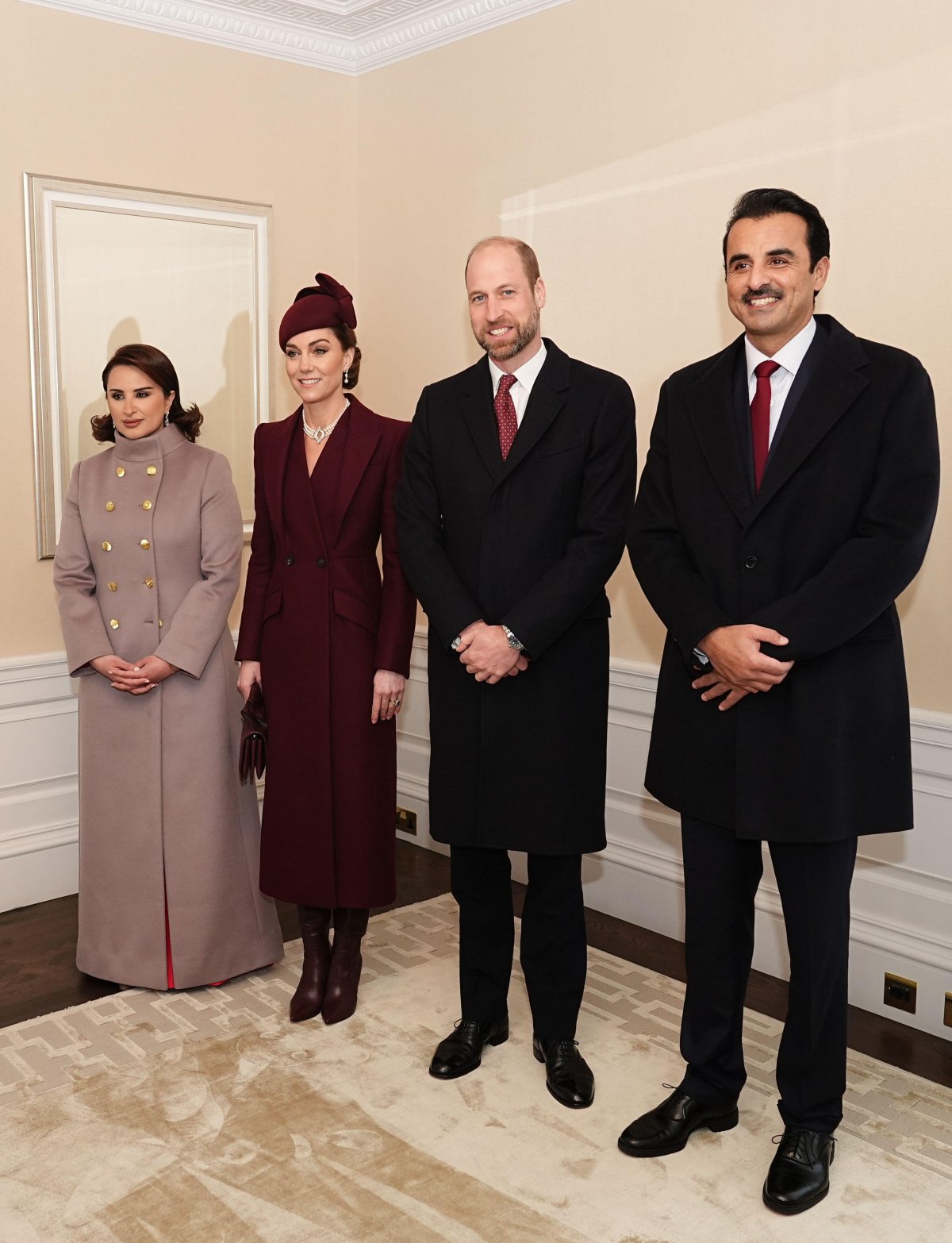 The Prince and Princess of Wales greet the Emir of Qatar and his royal consort, Sheikha Jawaher, at their hotel ahead of a ceremonial welcome at Horse Guards Parade in London on December 3, 2024 (Aaron Chown/PA Images/Alamy)