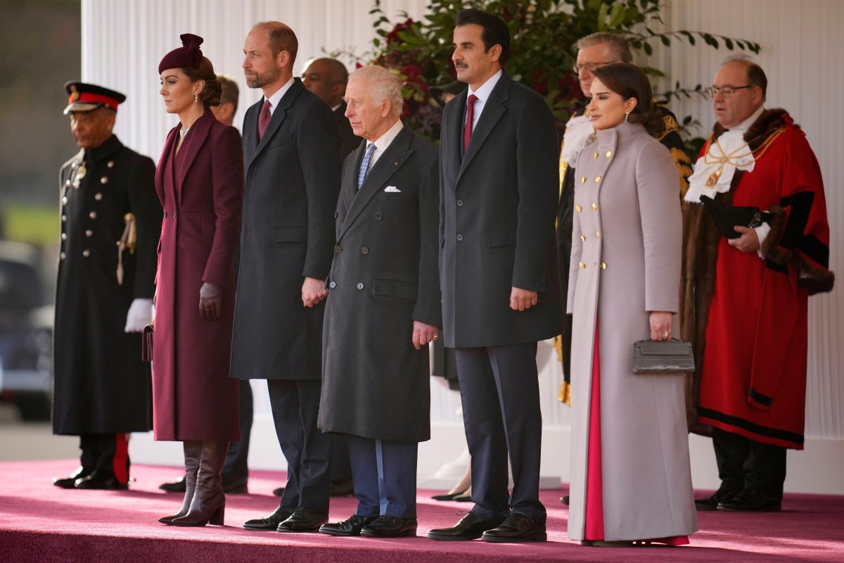 The King, with the Prince and Princess of Wales, hosts a ceremonial welcome for the Emir of Qatar and his royal consort, Sheikha Jawaher, at Horse Guards Parade in London on December 3, 2024 (Kin Cheung/PA Images/Alamy)