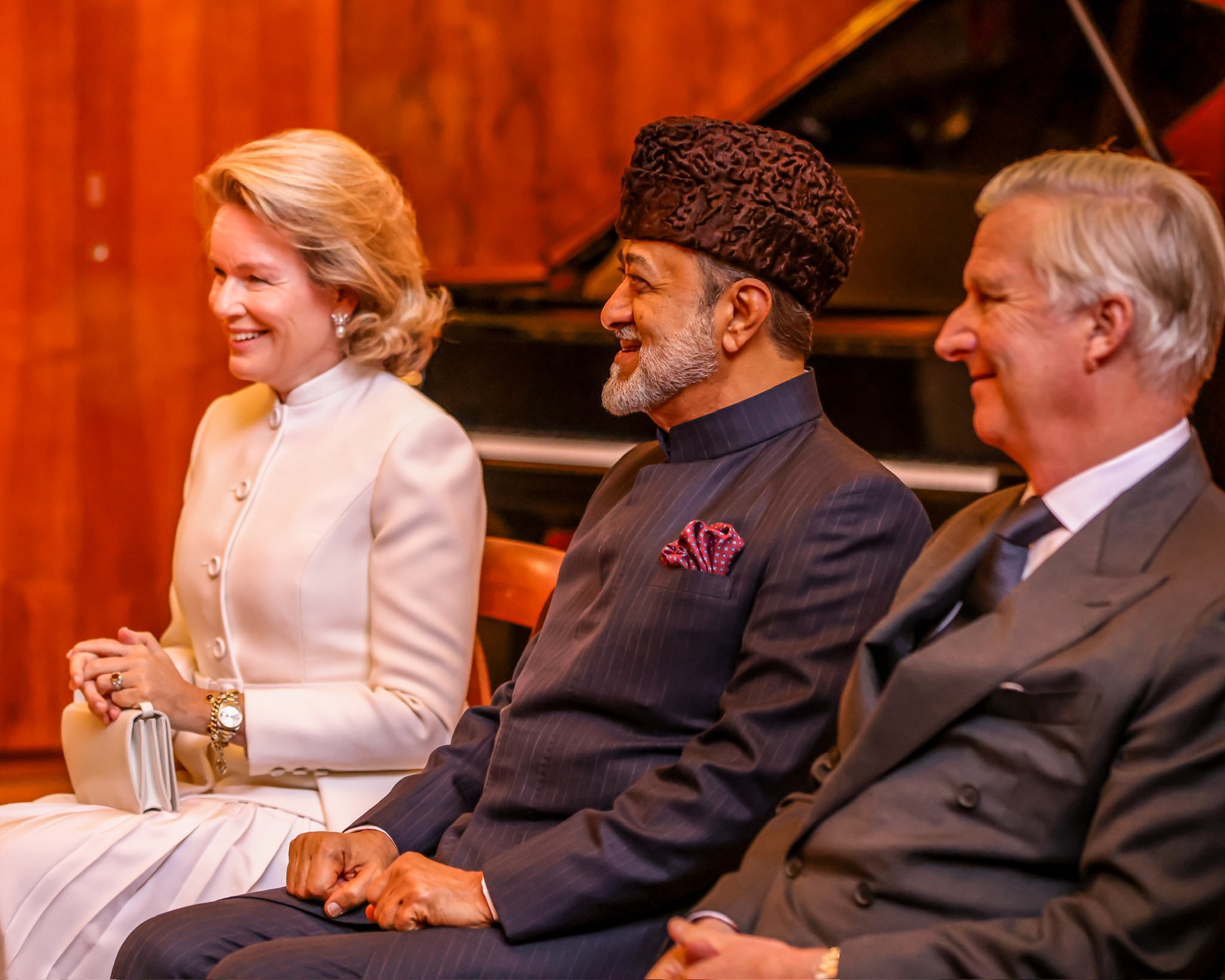 The King and Queen of the Belgians and the Sultan of Oman attend a luncheon at the Queen Elisabeth Music Chapel on December 4, 2024 (Belgian Royal Palace)