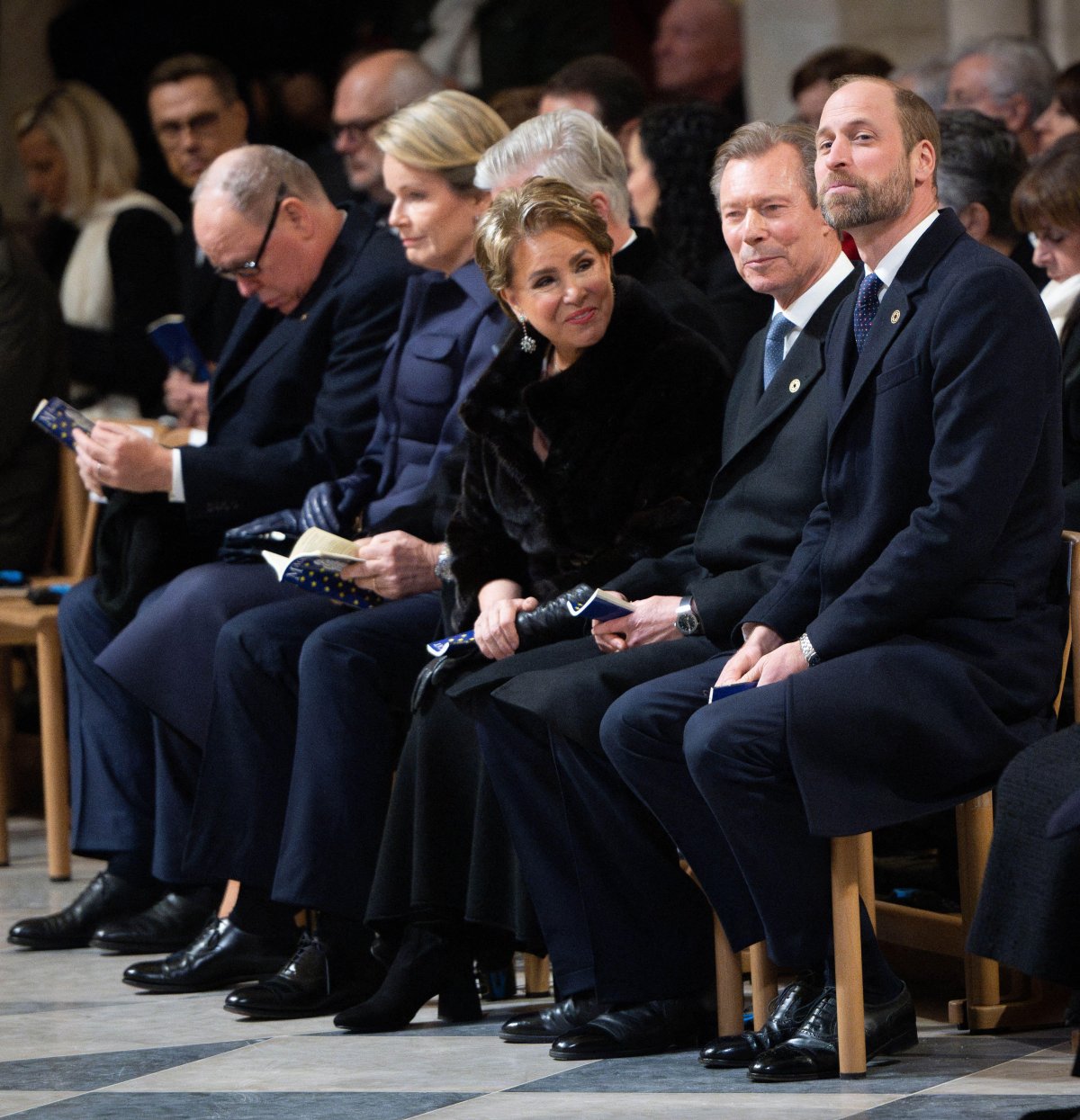 The Prince of Monaco, the King and Queen of the Belgians, the Grand Duke and Grand Duchess of Luxembourg, and the Prince of Wales attend the reopening ceremony of the restored Cathedral of Notre Dame in Paris on December 7, 2024 (Eric Tschaen/Abaca Press/Alamy)