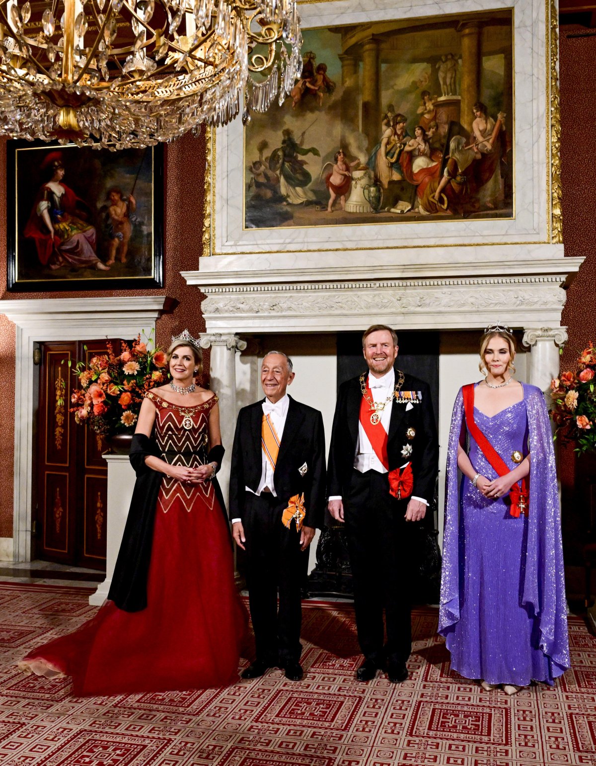 The King and Queen of the Netherlands, with the Princess of Orange, host a state banquet in honor of the President of Portugal in Amsterdam on December 10, 2024 (Patrick van Emst/NLBeeld/Alamy)