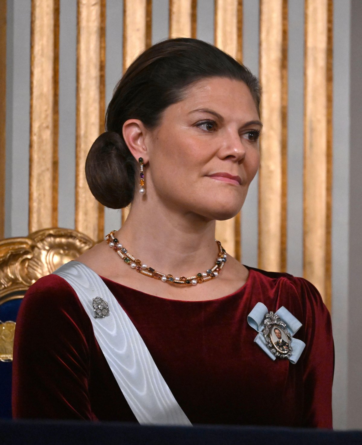 Crown Princess Victoria of Sweden attends the Swedish Academy's annual Grand Ceremony at the Old Stock Exchange Building in Stockholm on December 20, 2024 (Pontus Lundahl/TT News Agency/Alamy)