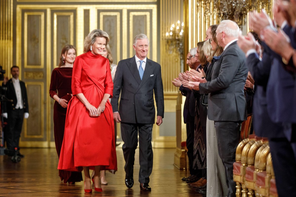 The King and Queen of the Belgians, with the Duchess of Brabant and Princess Eleonore, attend the annual Christmas concert at the Royal Palace in Brussels on December 18, 2024 (HATIM KAGHAT/Belga News Agency/Alamy)