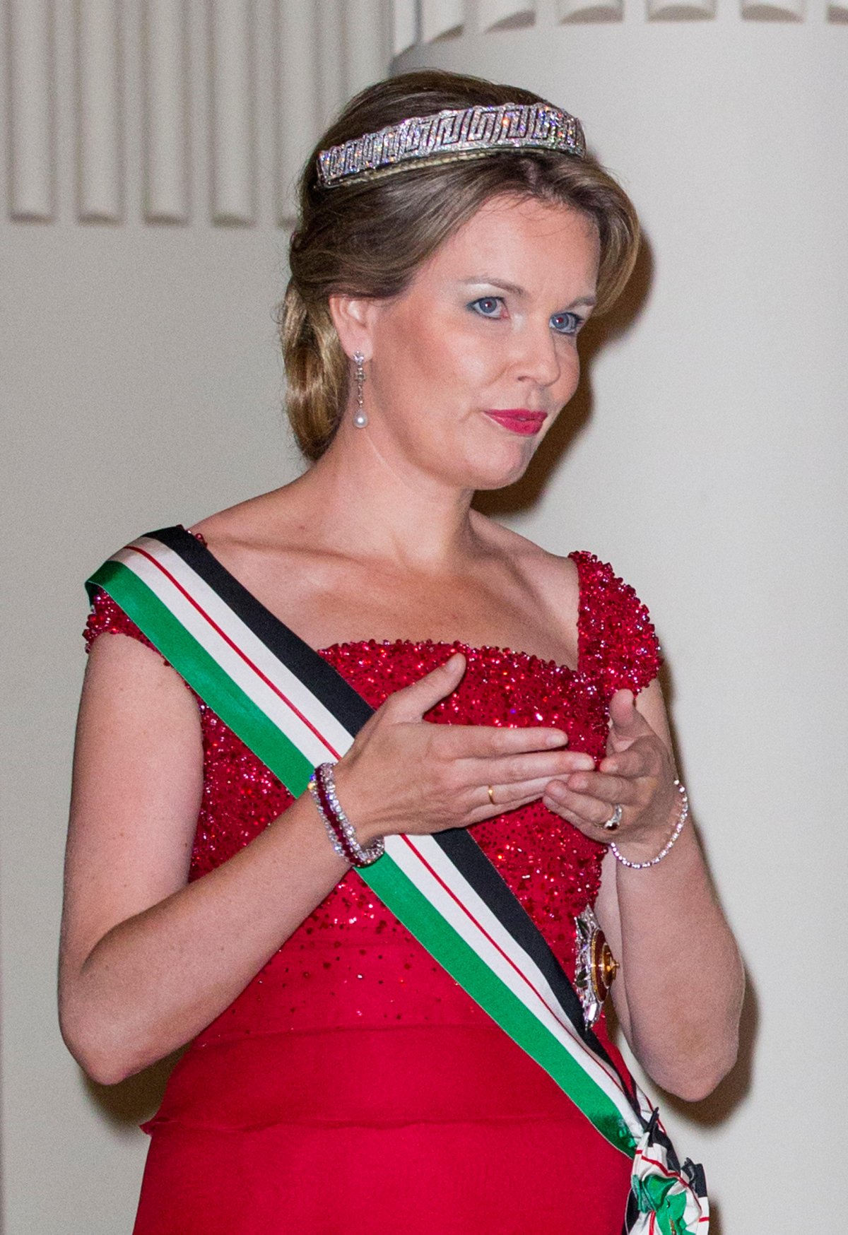 The Queen of the Belgians attends a state banquet in honor of the King and Queen of Jordan at the Palace of Laeken on May 18, 2016 (Patrick van Katwijk/DPA Picture Alliance/Alamy)