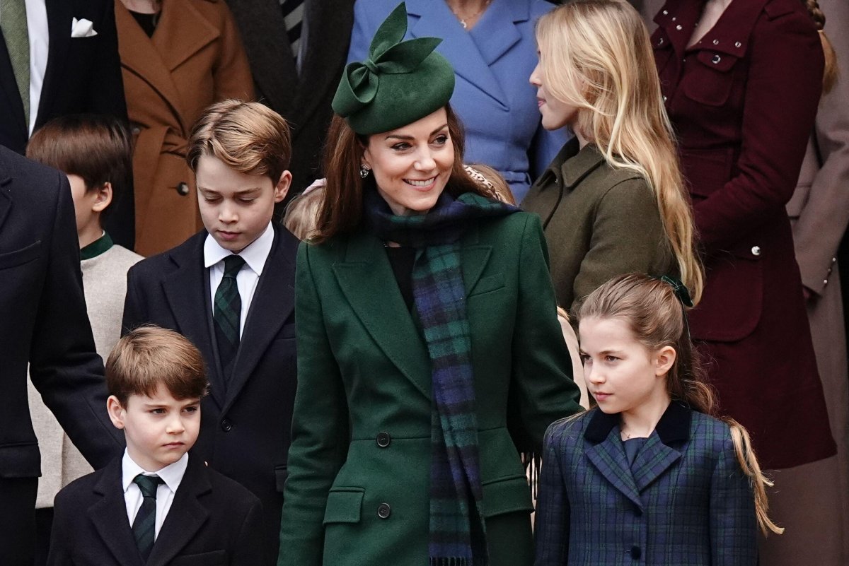 The Princess of Wales, with Prince George, Princess Charlotte, and Prince Louis, attends a Christmas church service at St. Mary Magdalene near the Sandringham estate on December 25, 2024 (Aaron Chown/PA Images/Alamy)