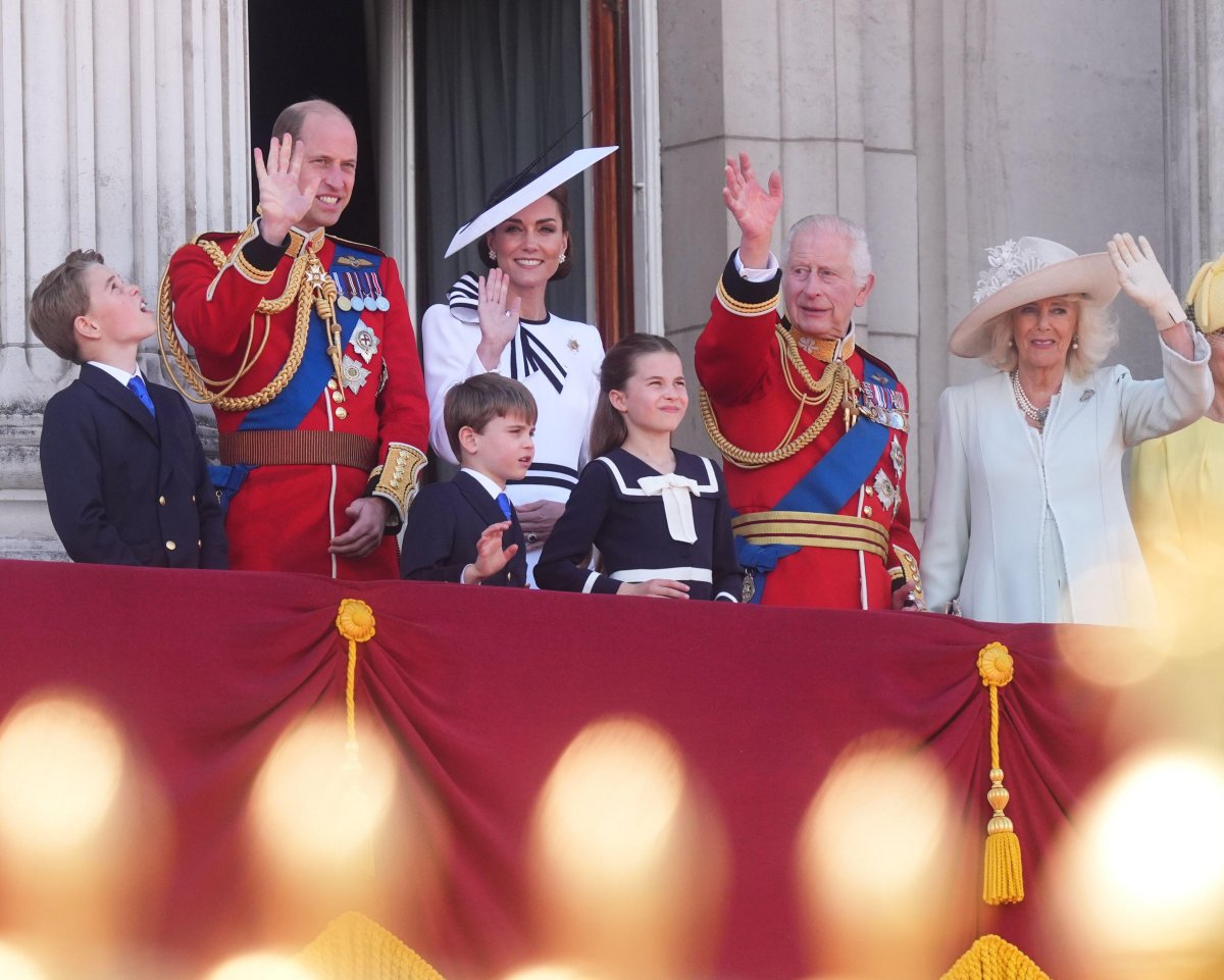 The British royal family waves from the balcony of Buckingham Palace during the Trooping the Colour celebrations in London on June 15, 2024 (James Manning/PA Images/Alamy)
