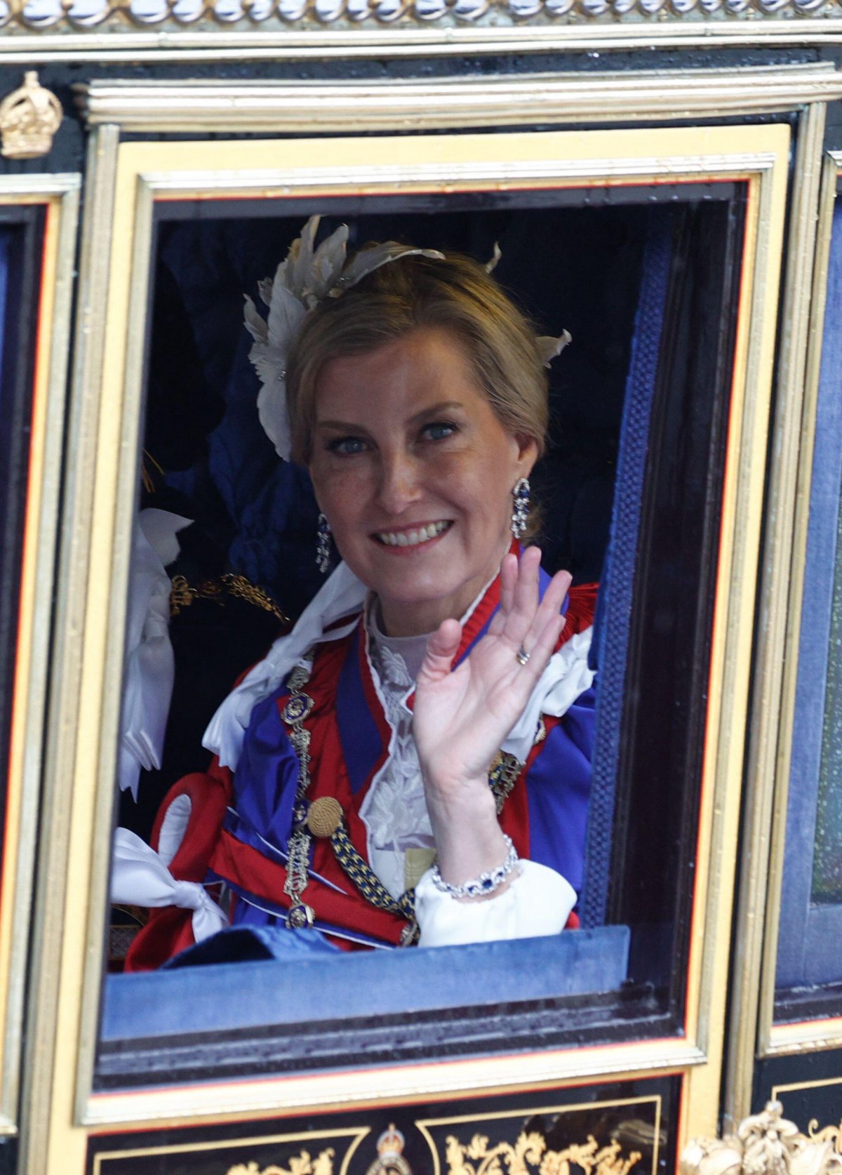 The Countess of Wessex rides in a carriage procession after the coronation of King Charles III and Queen Camilla at Westminster Abbey in London on May 6, 2023 (Raphael Lafargue/Abaca Press/Alamy)