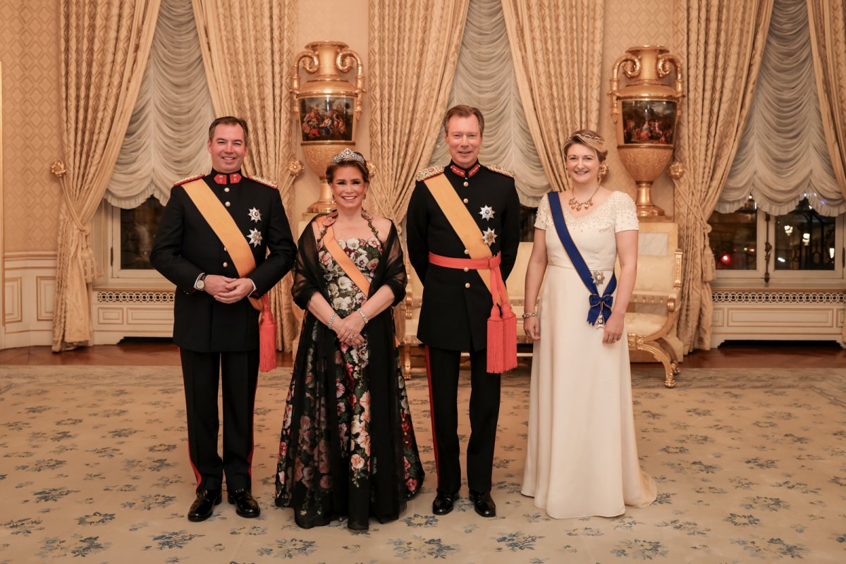 The Grand Duke and Grand Duchess of Luxembourg, with the Hereditary Grand Duke and Hereditary Grand Duchess, host a New Year's reception at the Grand Ducal Palace in Luxembourg on January 15, 2025 (Maison du Grand-Duc)