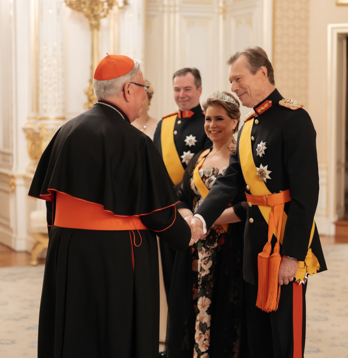 The Grand Duke and Grand Duchess of Luxembourg, with the Hereditary Grand Duke and Hereditary Grand Duchess, host a New Year's reception at the Grand Ducal Palace in Luxembourg on January 15, 2025 (Maison du Grand-Duc)