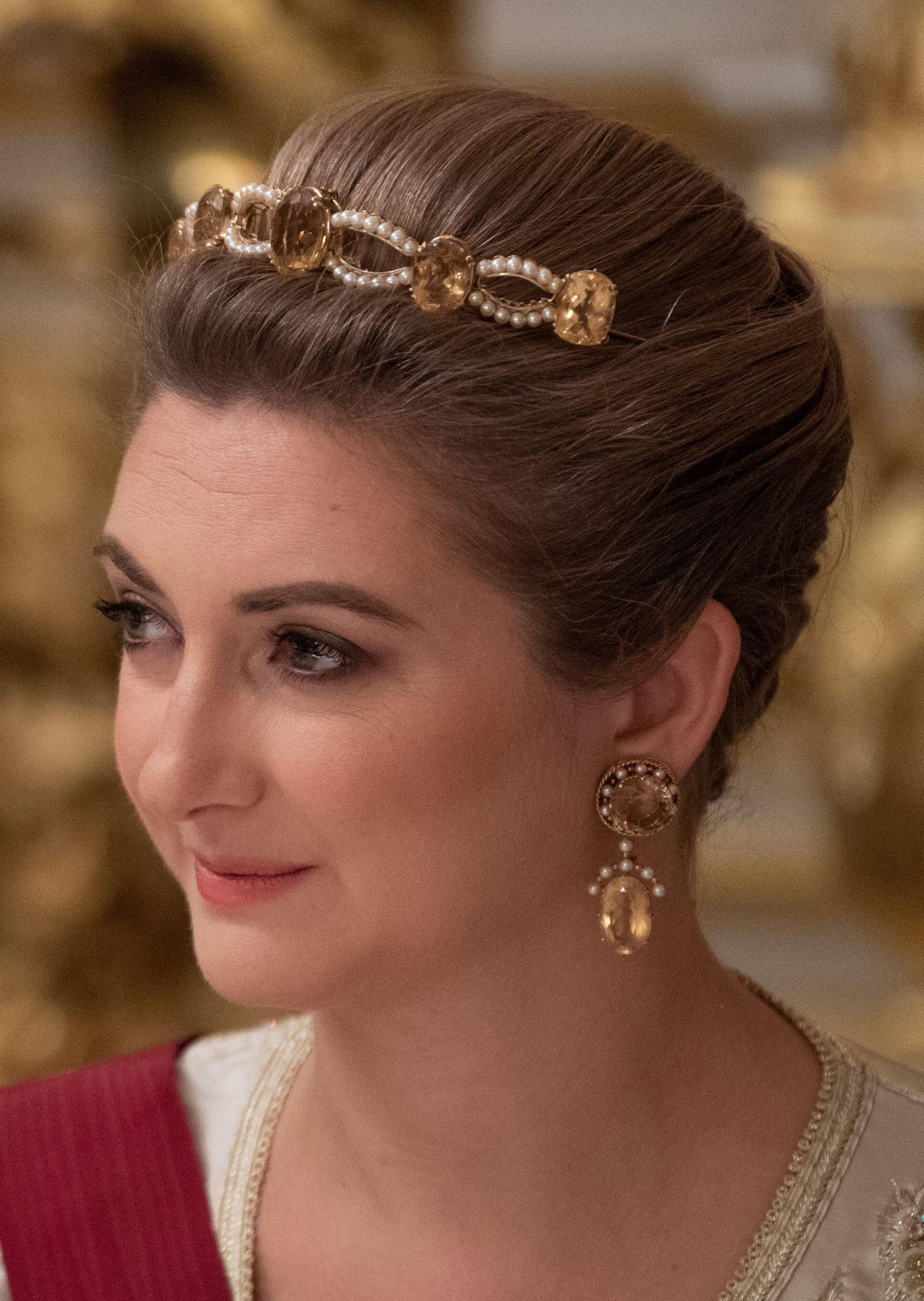 The Hereditary Grand Duchess of Luxembourg attends a state banquet in honor of the King and Queen of the Belgians at the Grand Ducal Palace in Luxembourg on October 15, 2019 (CHRISTOPHE LICOPPE/Belga News Agency/Alamy)