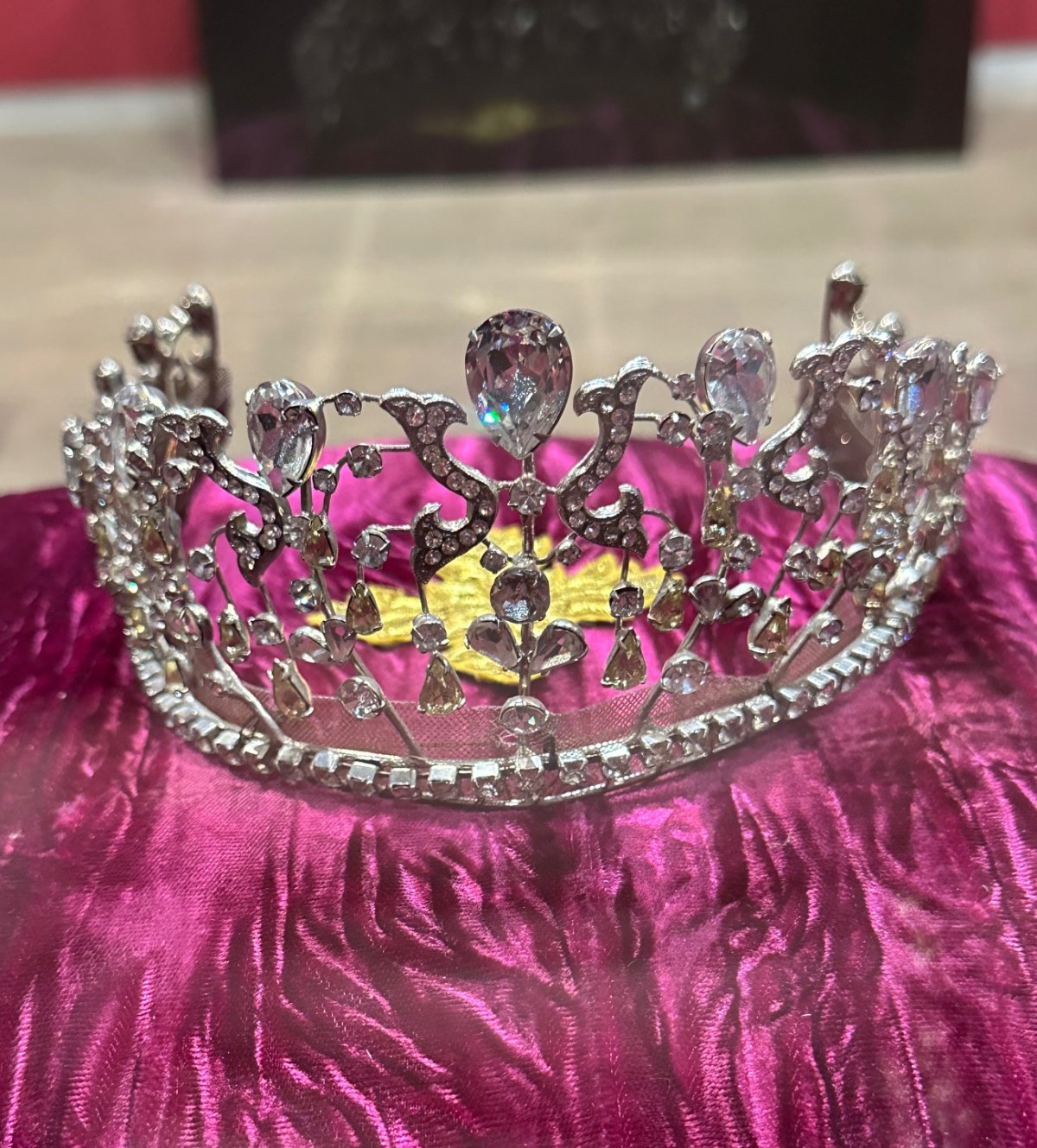 A replica tiara from The Princess Diaries films is displayed as part of the "All That Glitters: The Crown Jewels of the Walt Disney Archives" exhibition at the Arlington Museum of Art, 2024 (Photo generously provided by Lady Maria)