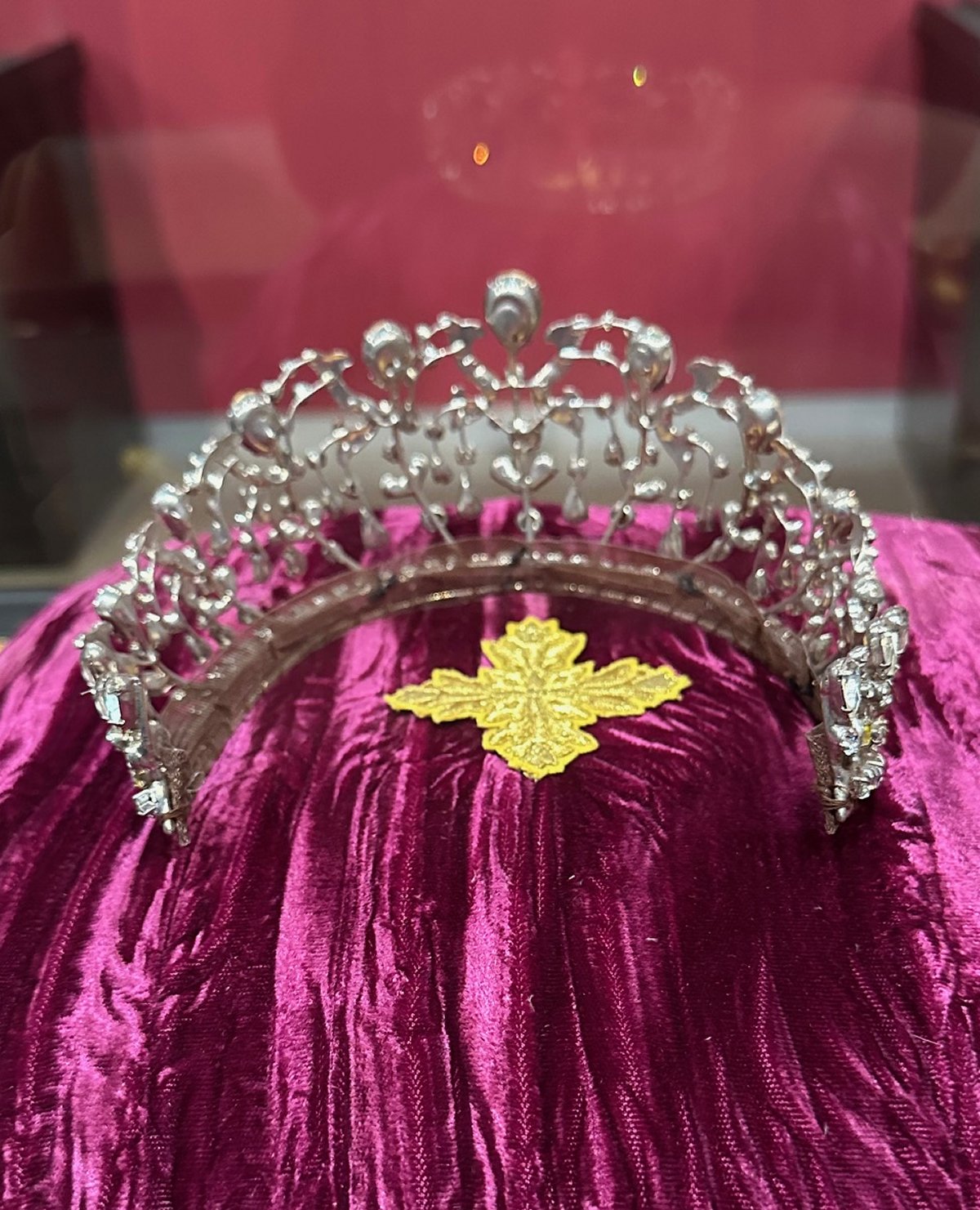 A replica tiara from The Princess Diaries films is displayed as part of the "All That Glitters: The Crown Jewels of the Walt Disney Archives" exhibition at the Arlington Museum of Art, 2024 (Photo generously provided by Lady Maria)