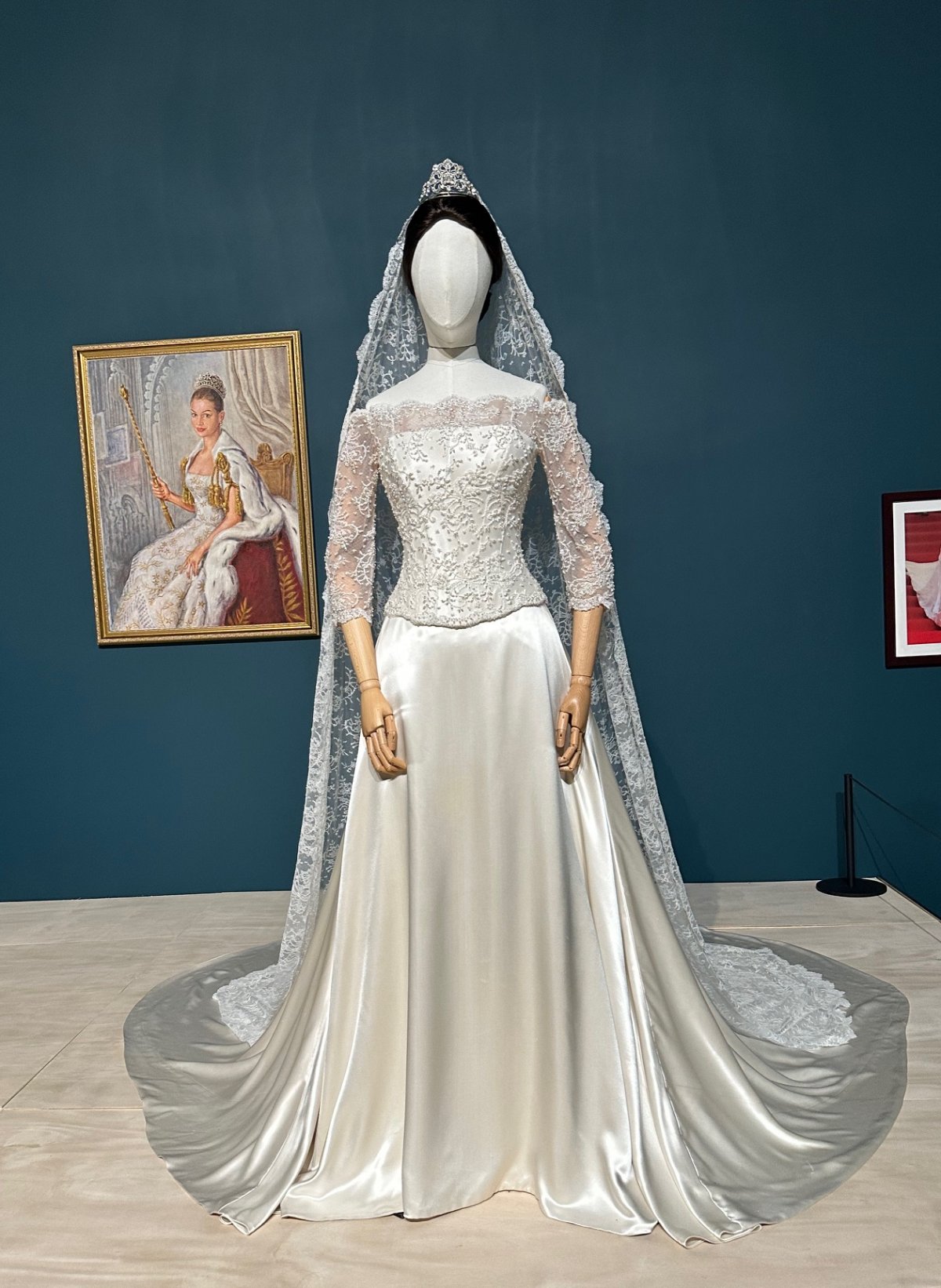 The bridal ensemble from The Princess Diaries films is displayed as part of the "All That Glitters: The Crown Jewels of the Walt Disney Archives" exhibition at the Arlington Museum of Art, 2024 (Photo generously provided by Lady Maria)