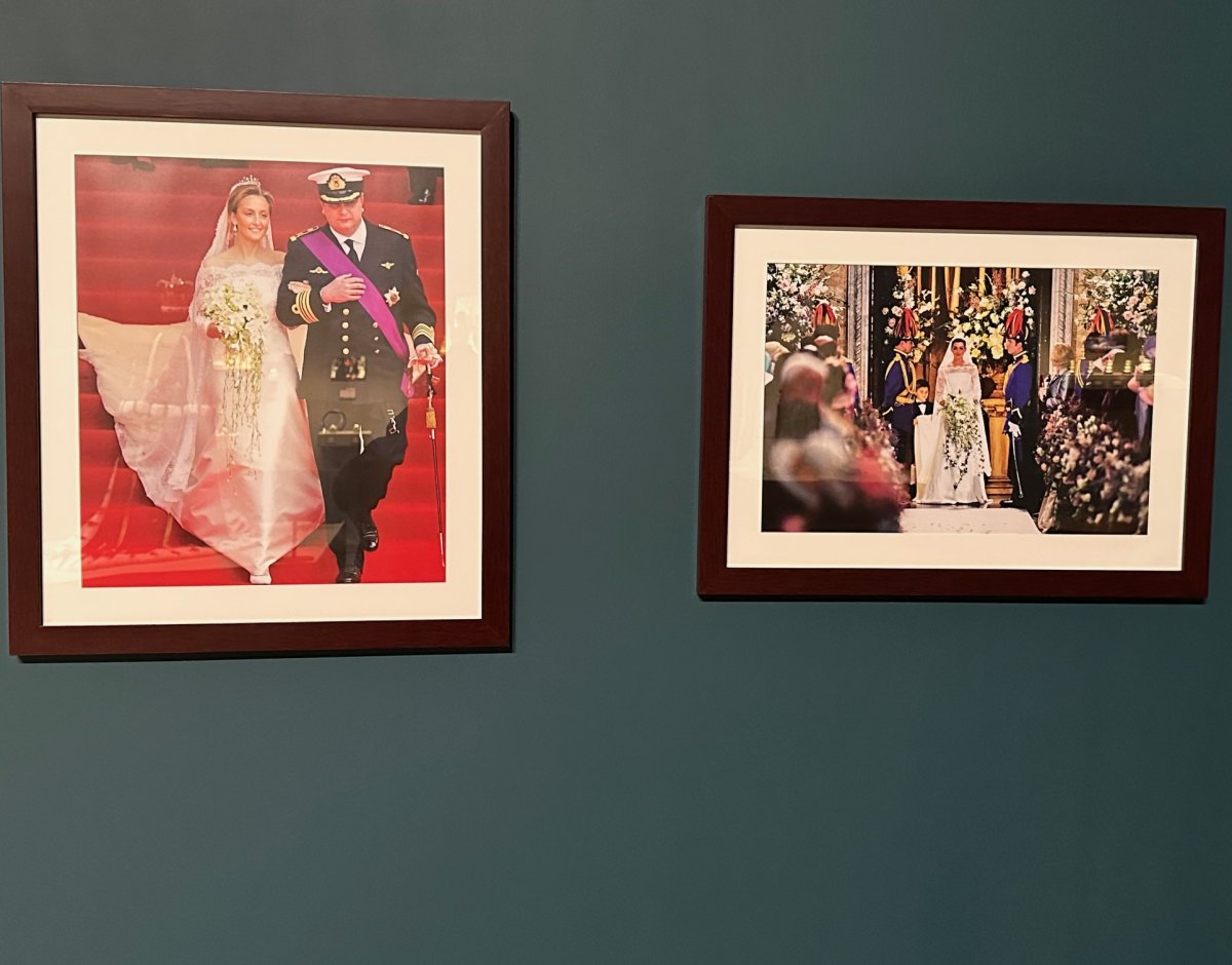 Photographs showing the bridal ensemble from The Princess Diaries films and Princess Claire's wedding dress are displayed as part of the "All That Glitters: The Crown Jewels of the Walt Disney Archives" exhibition at the Arlington Museum of Art, 2024 (Photo generously provided by Lady Maria)