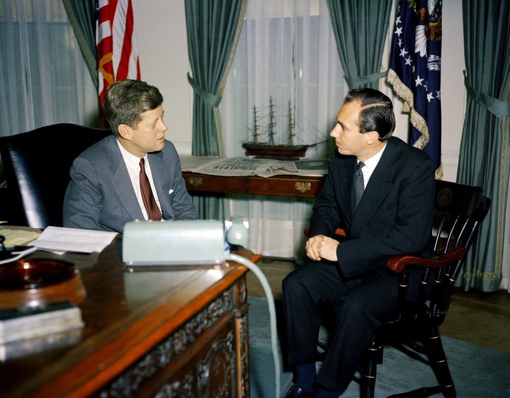 President John F. Kennedy and the Aga Khan IV have a meeting in the Oval Office at the White House, March 1961 (John F. Kennedy Presidential Library and Museum)