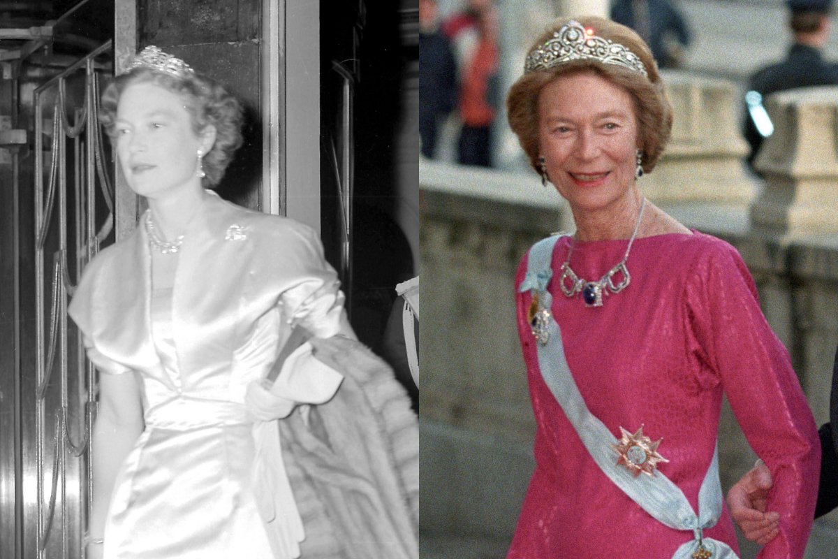 Josephine-Charlotte of Luxembourg (left) during the 1953 coronation celebrations in Britain and (right) during the King of Sweden's 50th birthday celebrations in 1996 (Smith Archive/Alamy, Bjørn Sigurdsøn/NTB/Alamy)