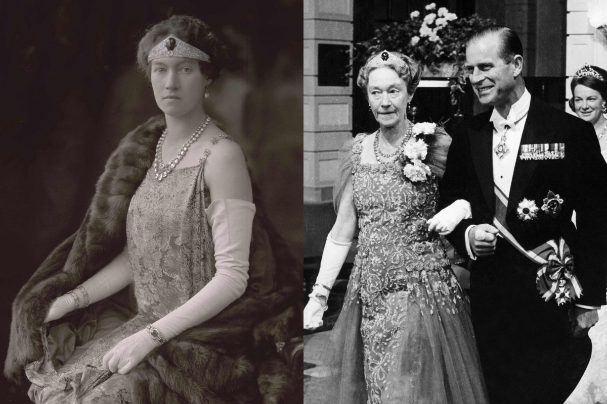 Charlotte of Luxembourg (left) in a portrait, ca. 1926 and (right) with the Duke of Edinburgh during the silver wedding celebrations in the Netherlands, 1962 (Photo12/Alamy, Interfoto/Alamy)
