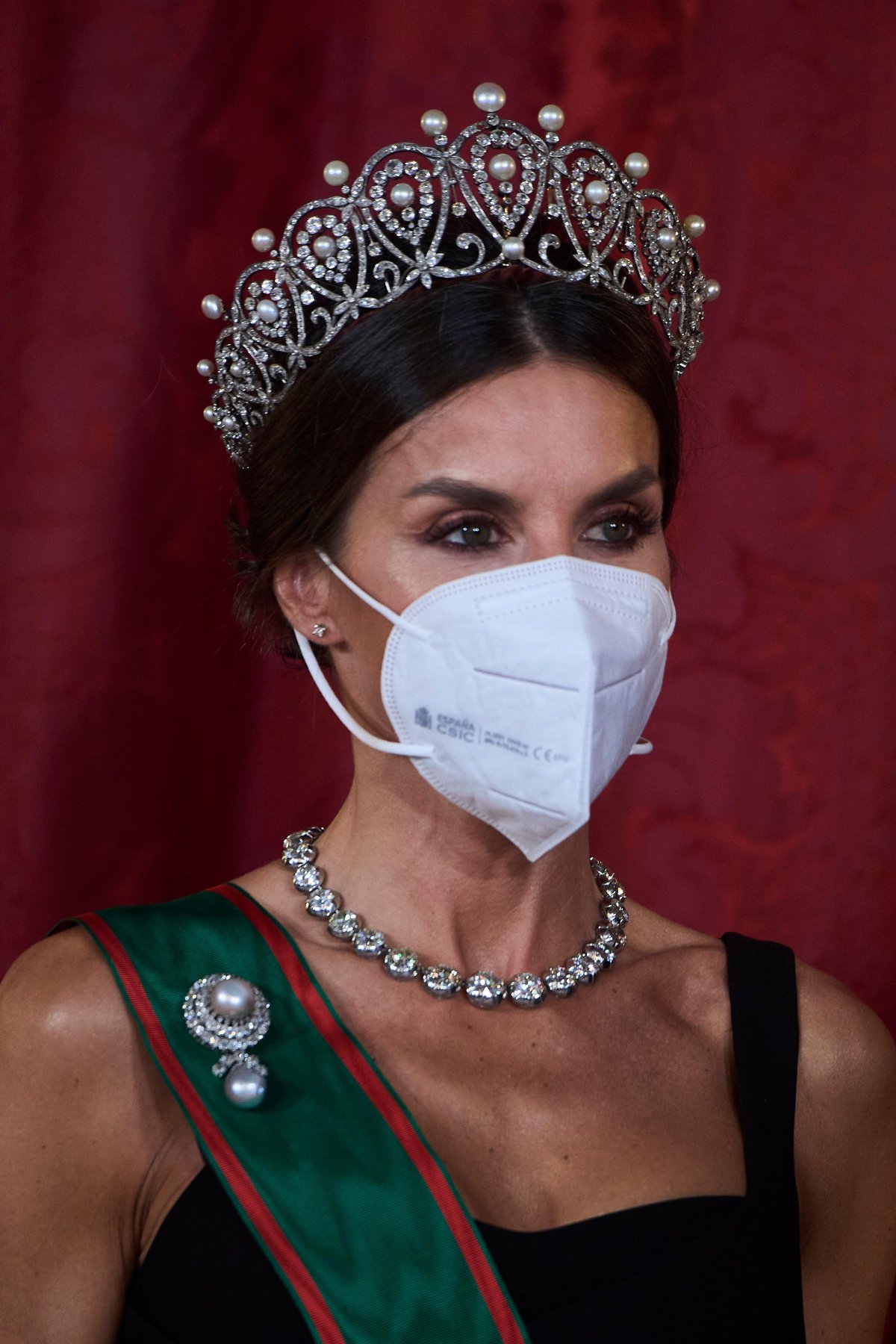 The Queen of Spain hosts a gala dinner in honor of the visiting President of Italy at the Royal Palace in Madrid on November 16, 2021 (MPG/Alamy)