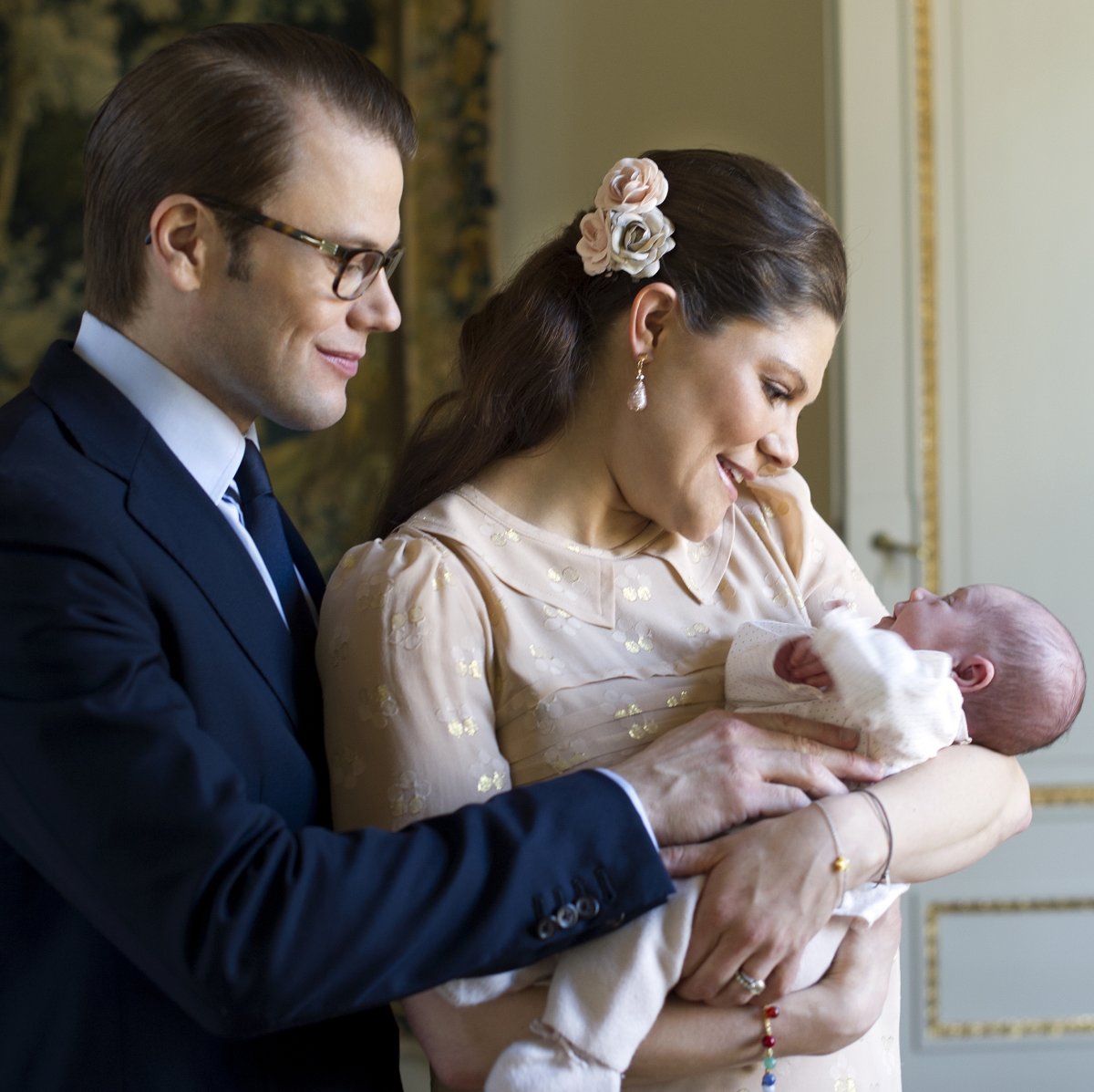 Crown Princess Victoria and Prince Daniel of Sweden are pictured with their newborn daughter, Princess Estelle, 2012 (Kate Gabor/The Royal Court)