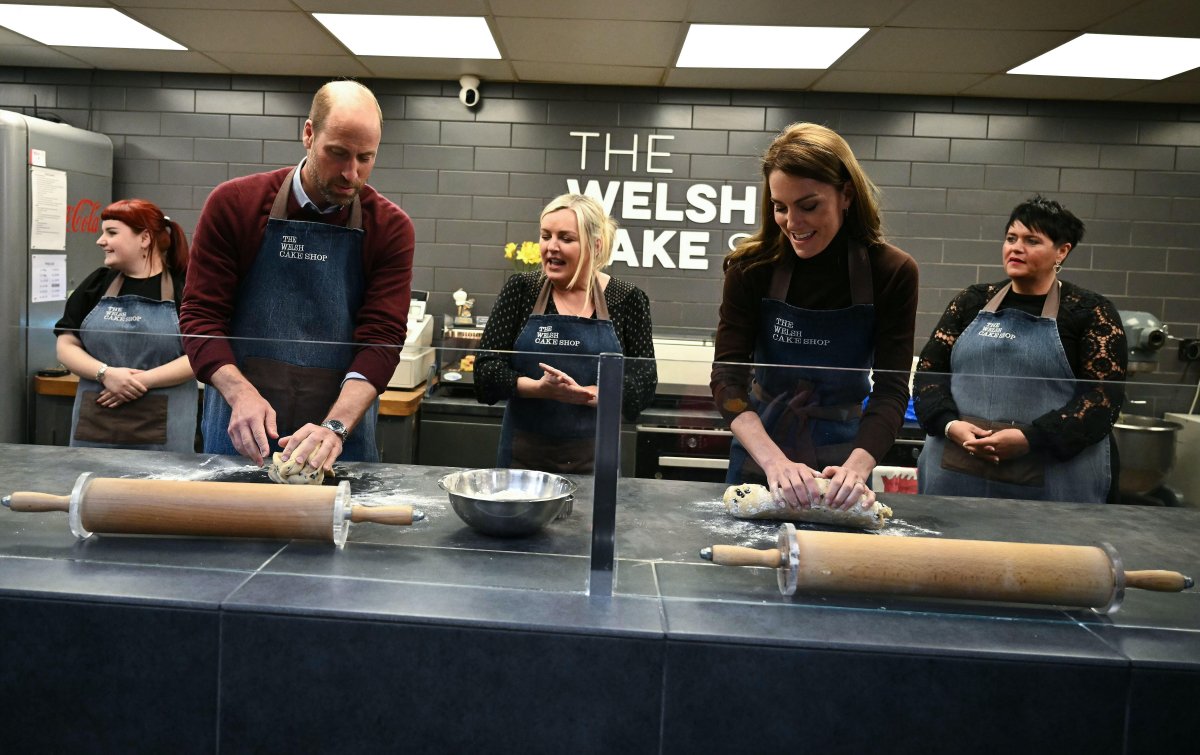 The Prince and Princess of Wales help prepare and cook a batch of Welsh cakes at the Welsh Cake Shop in Pontypridd on February 26, 2025 (Ben Stansall/PA Images/Alamy)