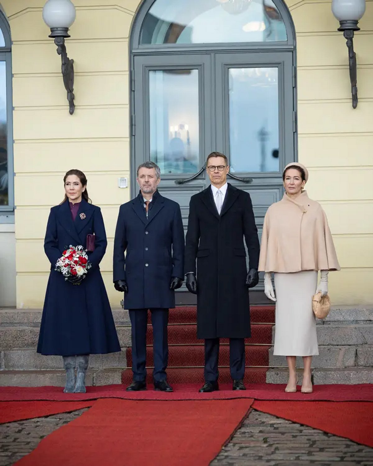 The King and Queen of Denmark are officially welcomed by President Alexander Stubb of Finland and his wife, Suzanne Innes-Stubb, at the Presidential Palace in Helsinki on March 4, 2025 (Kongehuset)