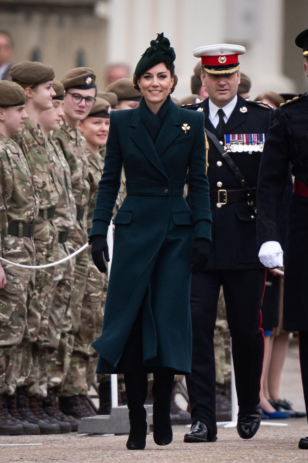 The Princess of Wales presents shamrocks to the Irish Guards on St. Patrick's Day at Wellington Barracks in London on March 17, 2025 (Aaron Chown/PA Images/Alamy)
