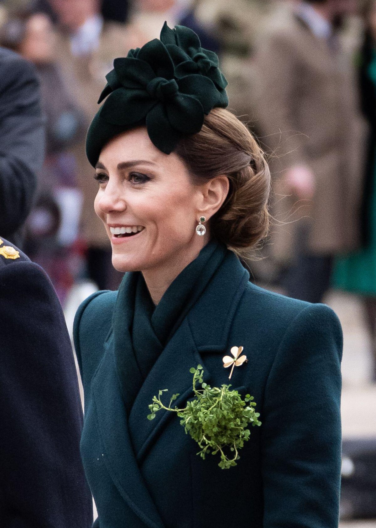 The Princess of Wales presents shamrocks to the Irish Guards on St. Patrick's Day at Wellington Barracks in London on March 17, 2025 (Aaron Chown/PA Images/Alamy)