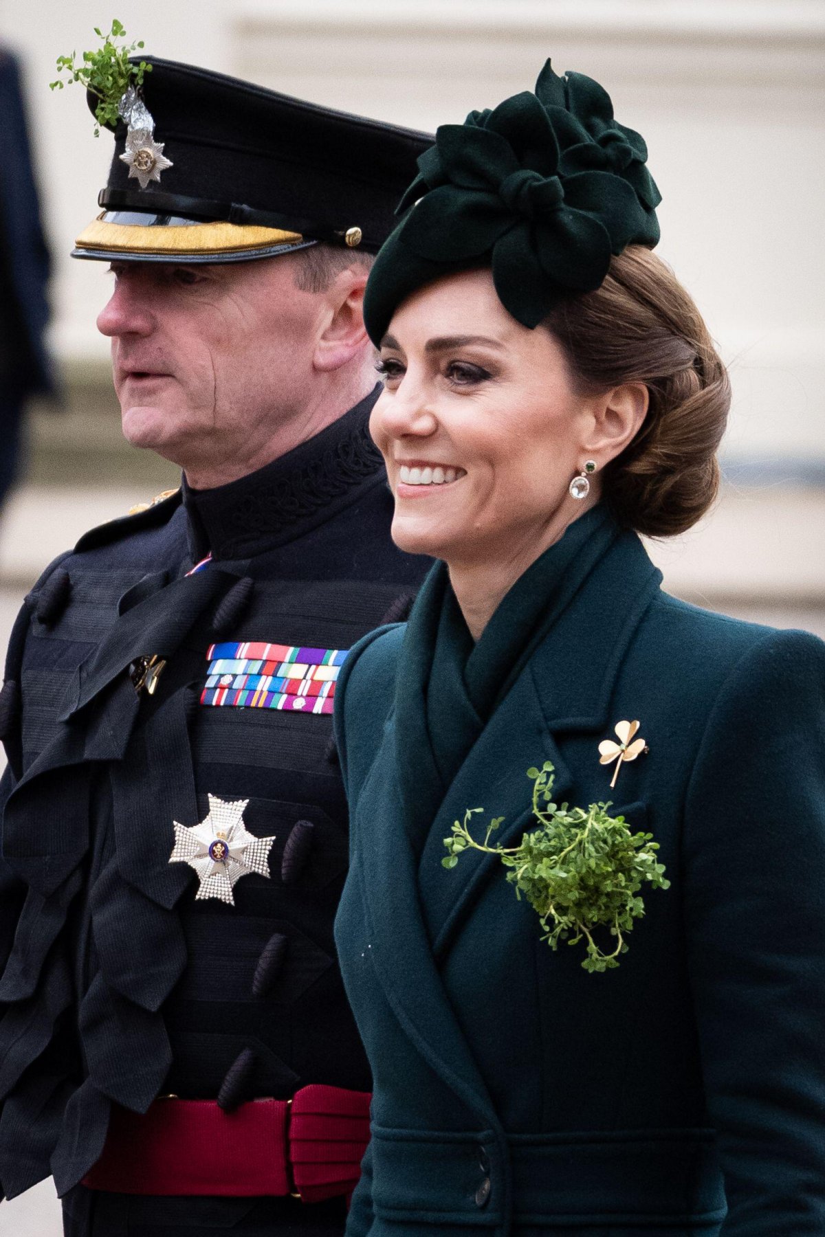 The Princess of Wales presents shamrocks to the Irish Guards on St. Patrick's Day at Wellington Barracks in London on March 17, 2025 (Aaron Chown/PA Images/Alamy)