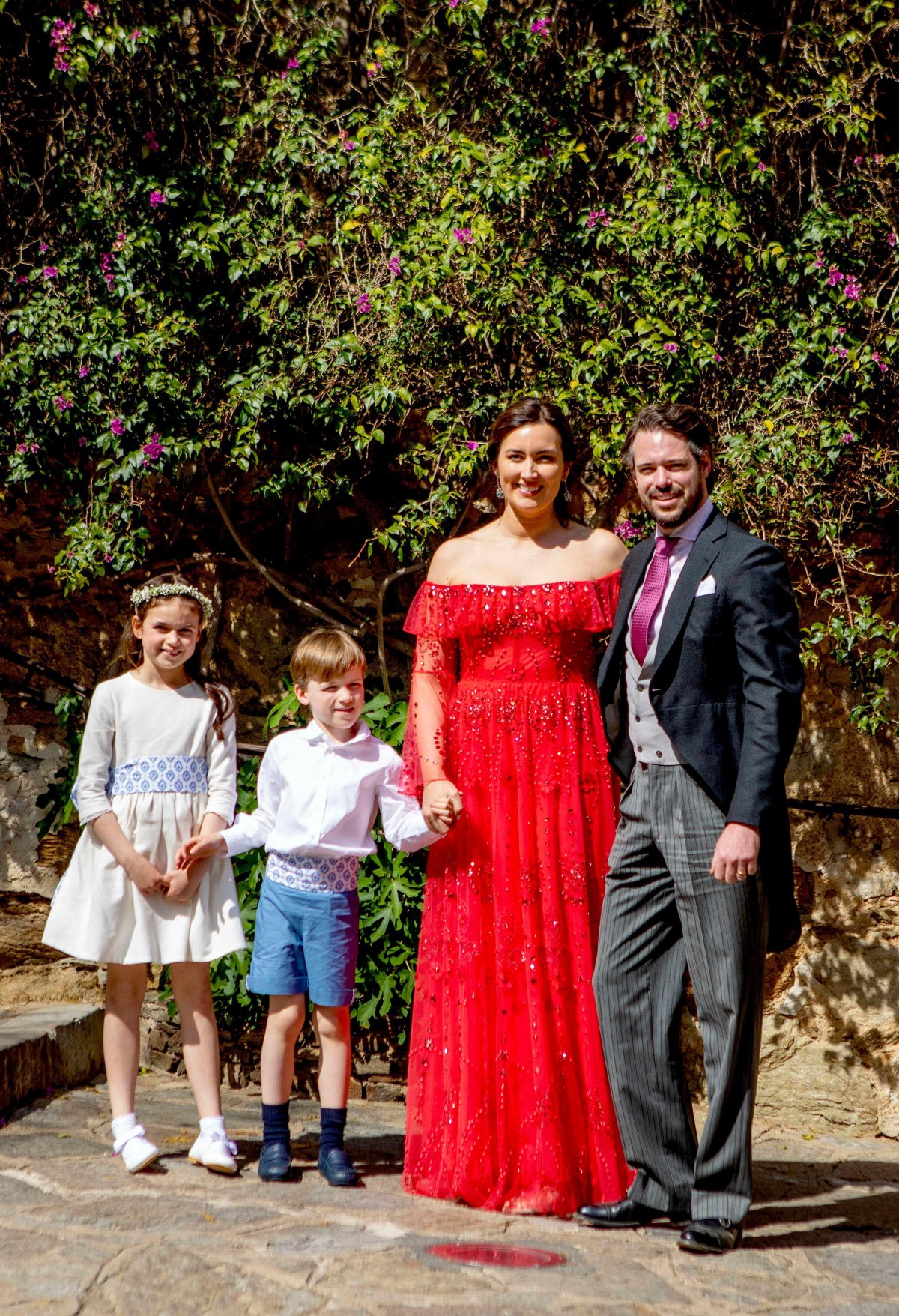 Prince Felix and Princess Claire of Luxembourg, with Princess Amalia and Prince Liam, attend the wedding of Princess Alexandra and Nicolas Bagory in Bormes-les-Mimosas on April 29, 2023 (Albert Nieboer/DPA Picture Alliance/Alamy)