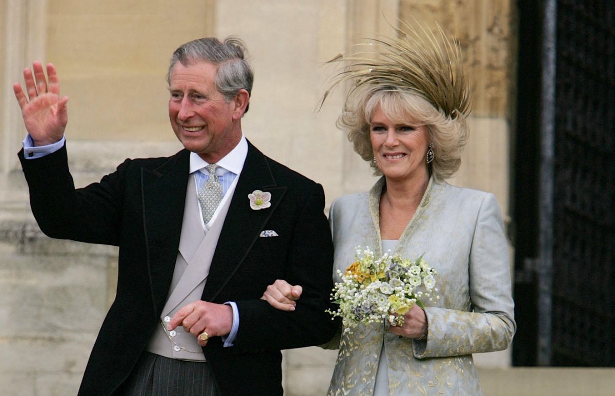 The Prince of Wales and the Duchess of Cornwall leave St. George's Chapel after the blessing of their marriage in Windsor on April 9, 2005 (Alastair Grant/PA Images/Alamy)