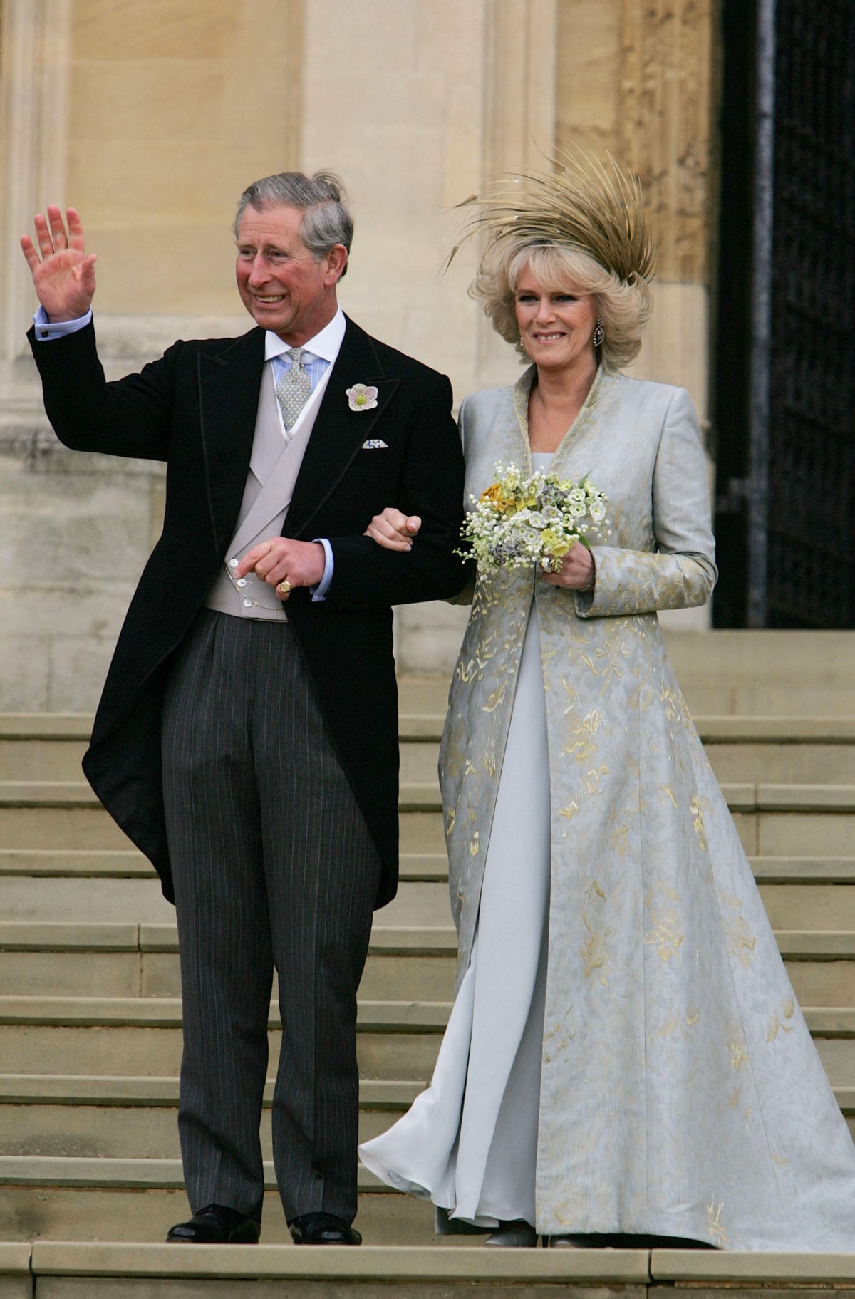The Prince of Wales and the Duchess of Cornwall leave St. George's Chapel after the blessing of their marriage in Windsor on April 9, 2005 (Alastair Grant/PA Images/Alamy)