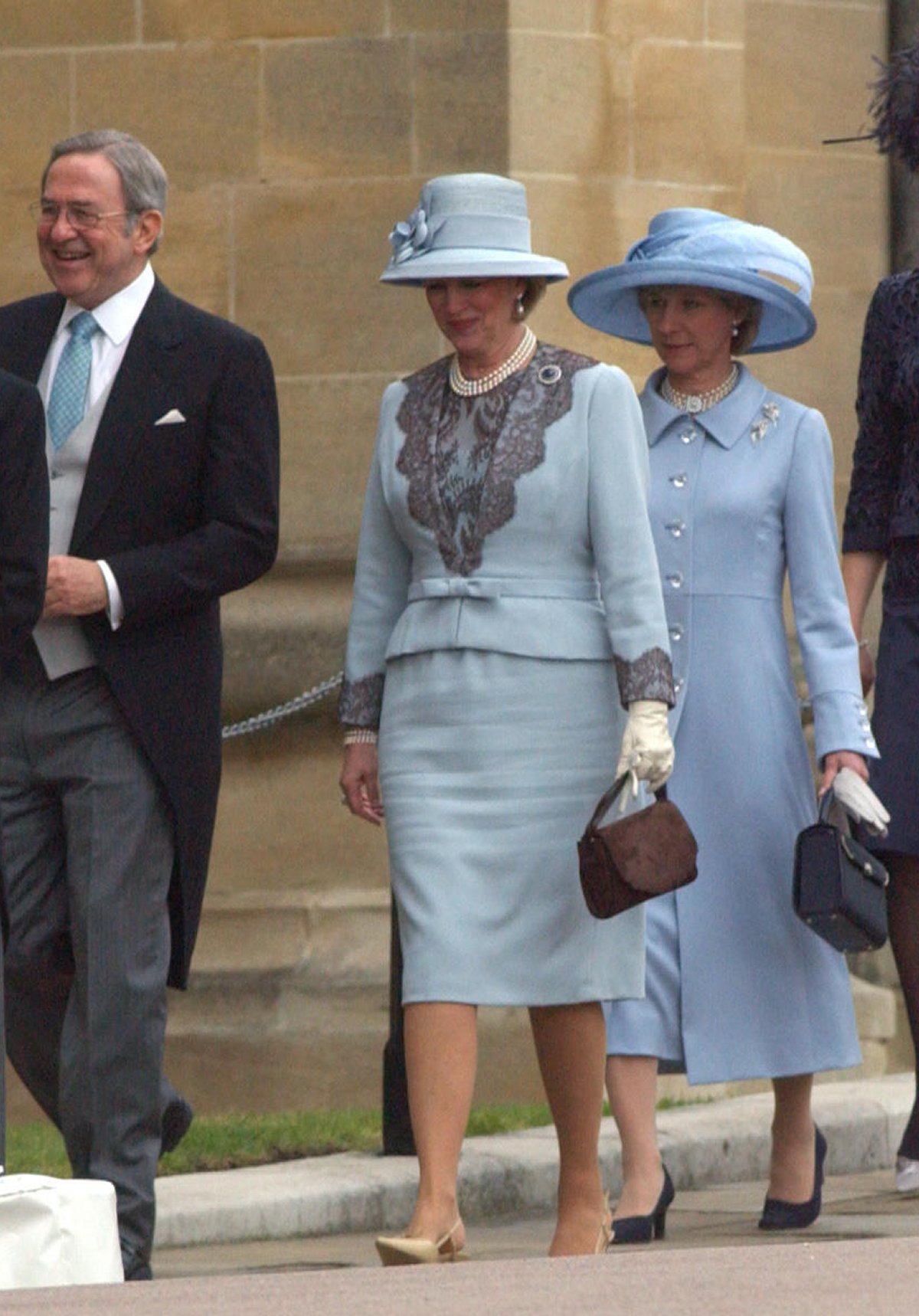 King Constantine and Queen Anne-Marie of Greece, with the Duchess of Gloucester, attend the blessing of the marriage of the Prince of Wales and the Duchess of Cornwall at St. George's Chapel, Windsor on April 9, 2005 (Fiona Hanson/PA Images/Alamy)