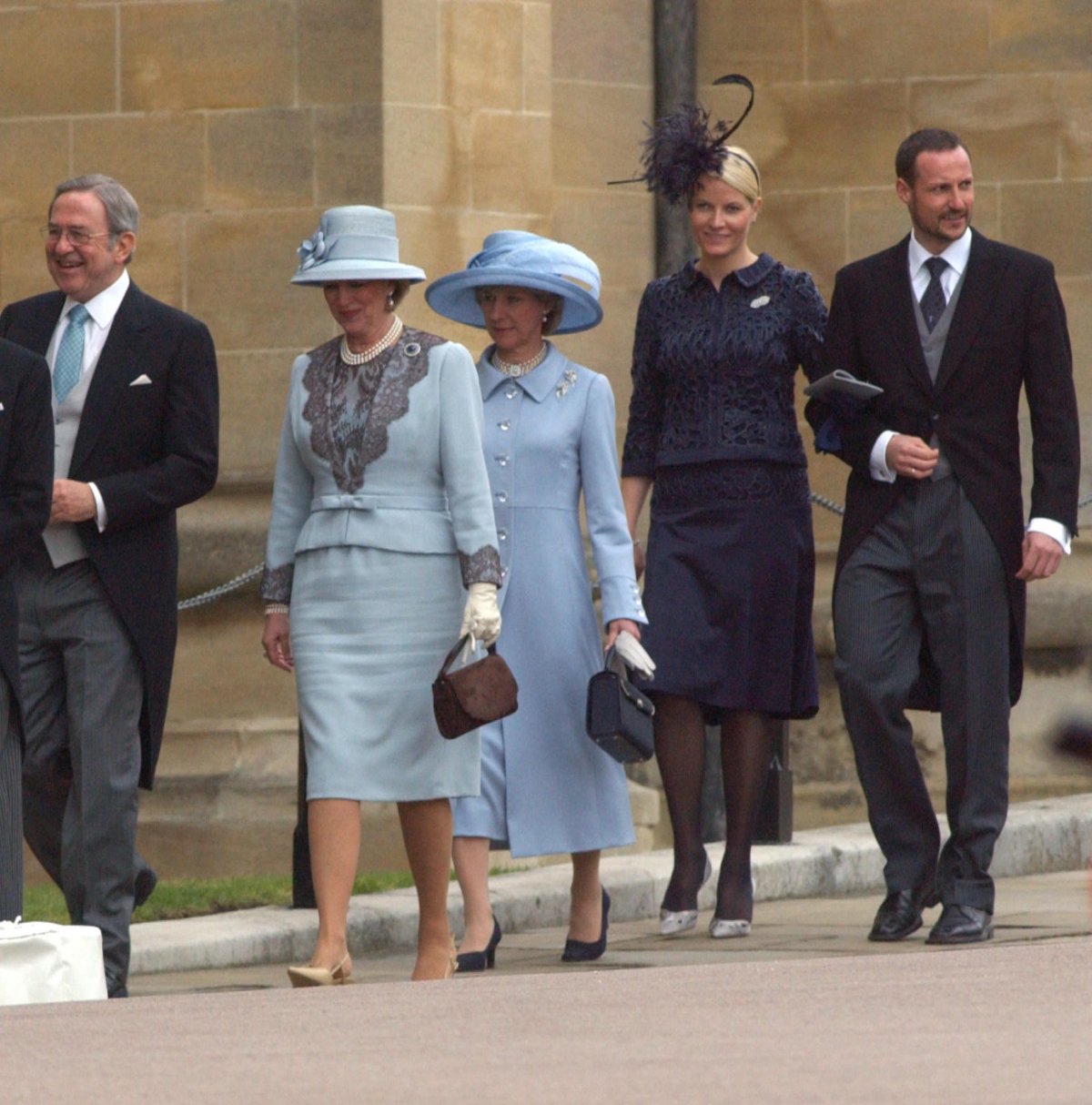 King Constantine and Queen Anne-Marie of Greece, with the Duchess of Gloucester and the Crown Prince and Crown Princess of Norway, attend the blessing of the marriage of the Prince of Wales and the Duchess of Cornwall at St. George's Chapel, Windsor on April 9, 2005 (Fiona Hanson/PA Images/Alamy)