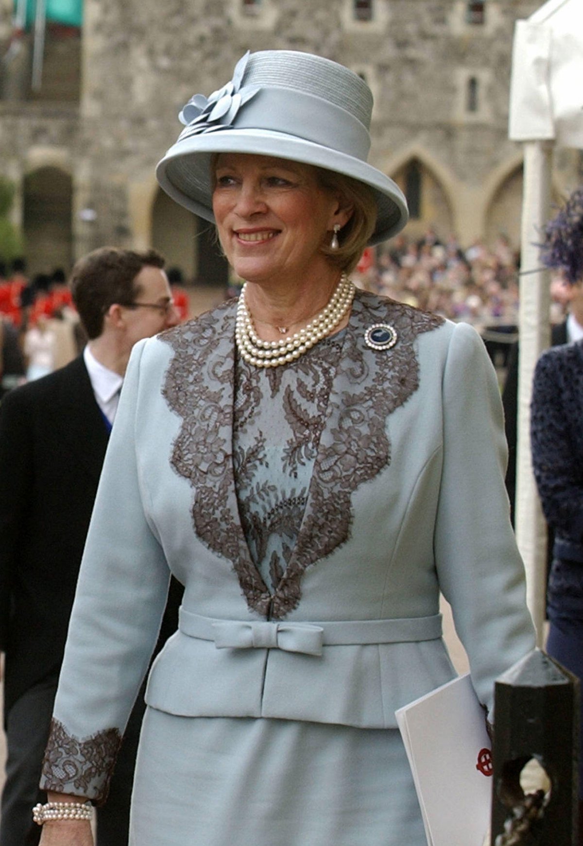 Queen Anne-Marie of Greece attends the blessing of the marriage of the Prince of Wales and the Duchess of Cornwall at St. George's Chapel, Windsor on April 9, 2005 (Martyn Hayhow/PA Images/Alamy)