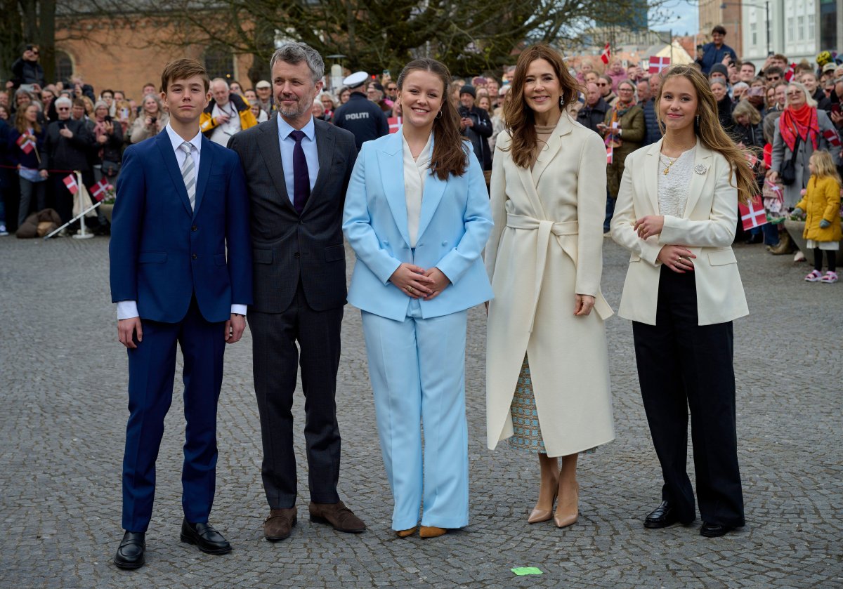 The King and Queen of Denmark, with Princess Isabella, Prince Vincent, and Prince Josephine, attend a celebration for Isabella's upcoming eighteenth birthday in Aarhus on April 11, 2025 (Stefan Lindblom/TT News Agency/Alamy)