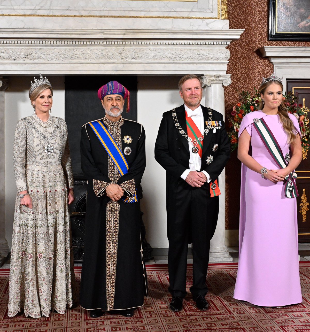 The King and Queen of the Netherlands, with the Princess of Orange, host a state banquet in honor of the visiting Sultan of Oman at the Royal Palace in Amsterdam on April 15, 2025 (Patrick van Emst/NLBeeld/Alamy)