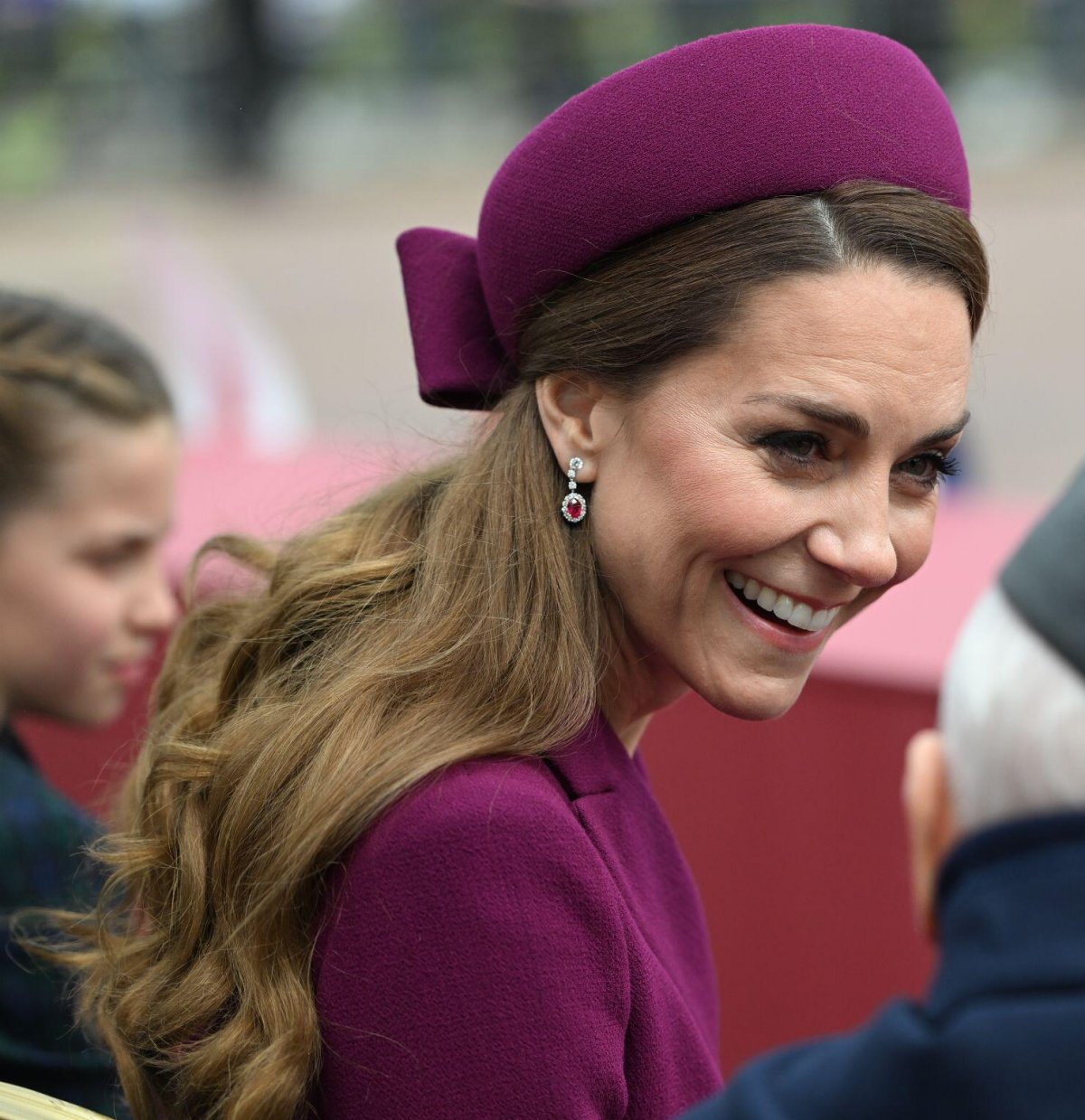 The Princess of Wales arrives for the military procession for the 80th anniversary of VE Day, in honor of those who served during the Second World War, at Buckingham Palace in London on May 5, 2025 (Eddie Mulholland/PA Images/Alamy)