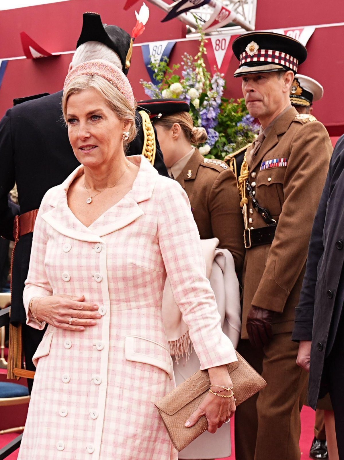 The Duke and Duchess of Edinburgh arrive for the military procession for the 80th anniversary of VE Day, in honor of those who served during the Second World War, at Buckingham Palace in London on May 5, 2025 (Aaron Chown/PA Images/Alamy)