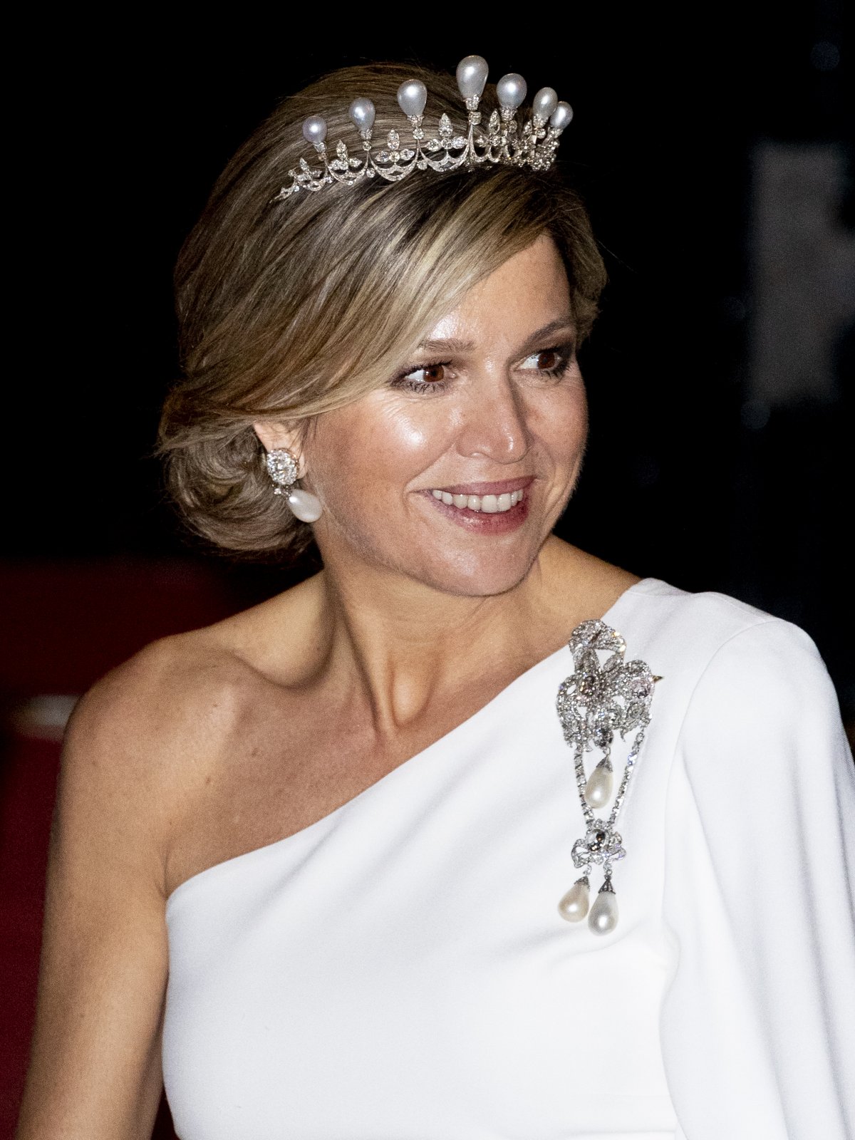 The Queen of the Netherlands attends a dinner for the Diplomatic Corps at the Royal Palace in Amsterdam, April 2019 (Patrick van Katwijk/Getty Images)