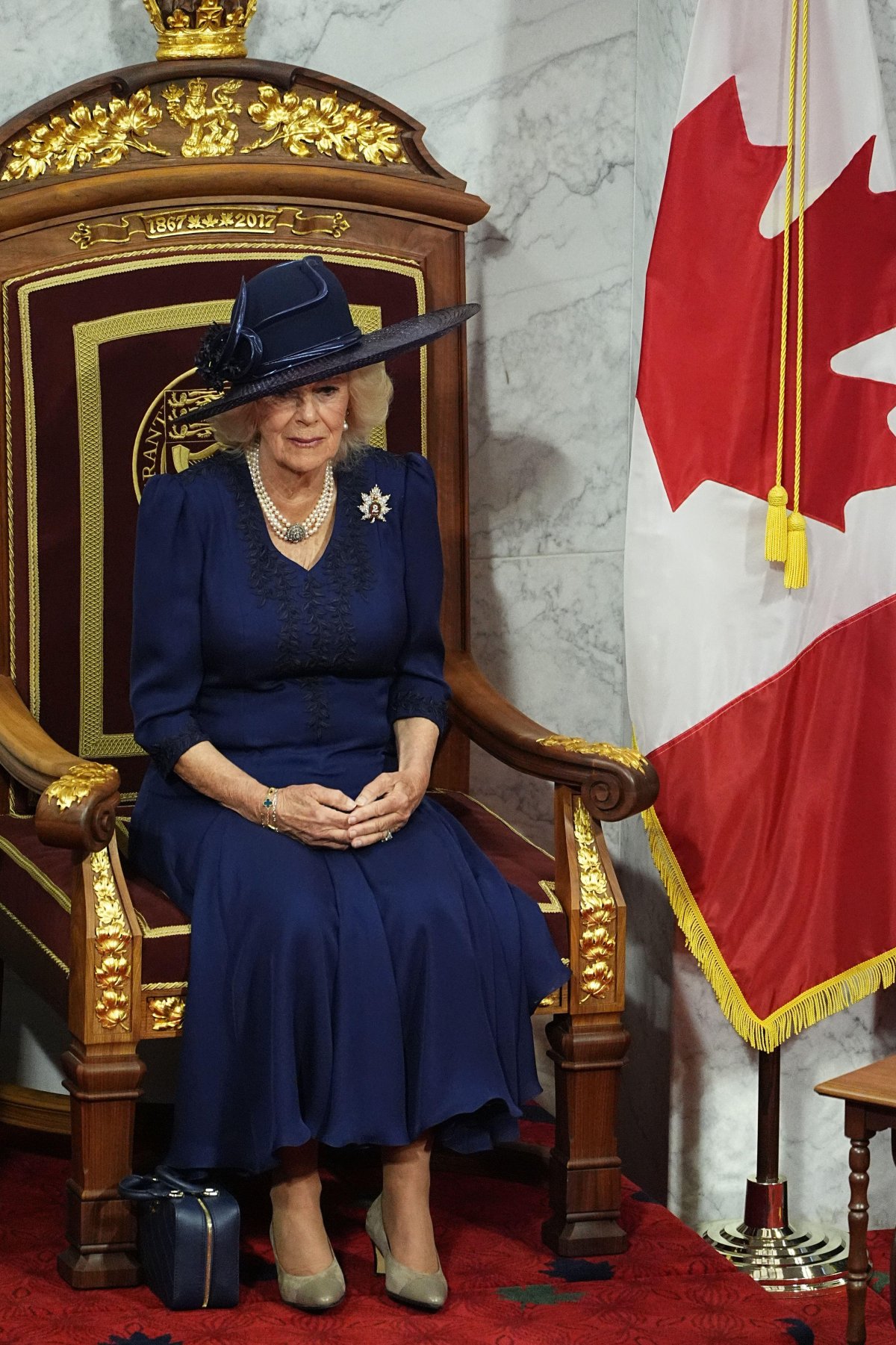Queen Camilla attends the Opening of Parliament at the Senate of Canada Building in Ottawa on May 27, 2025 (Aaron Chown/PA Images/Alamy)
