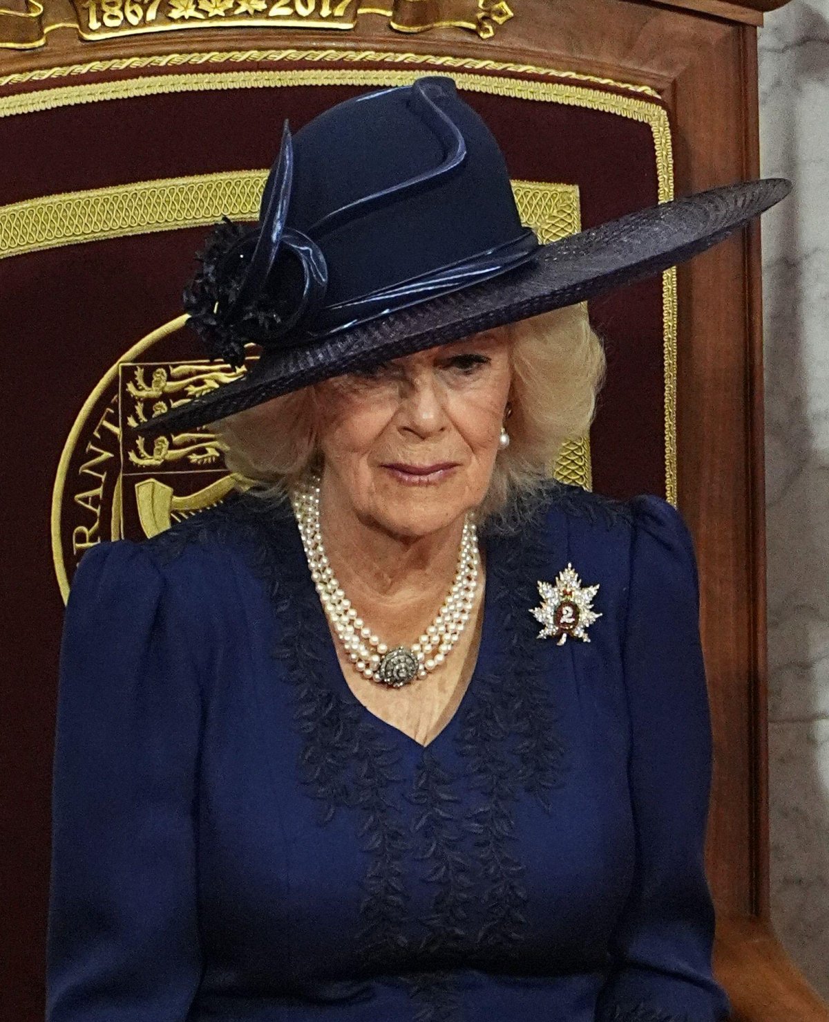 Queen Camilla attends the Opening of Parliament at the Senate of Canada Building in Ottawa on May 27, 2025 (Aaron Chown/PA Images/Alamy)