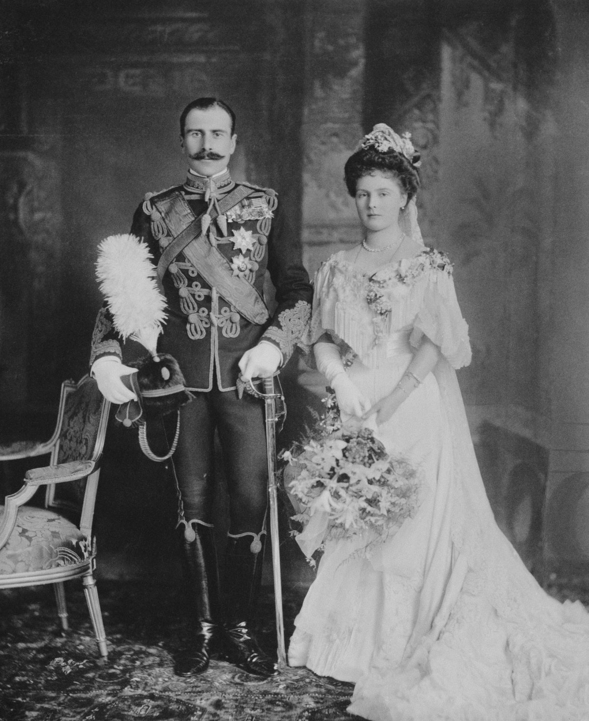 Prince Alexander of Teck and Princess Alice of Albany on their wedding day in Windsor, February 1904 (Royal Collection Trust)