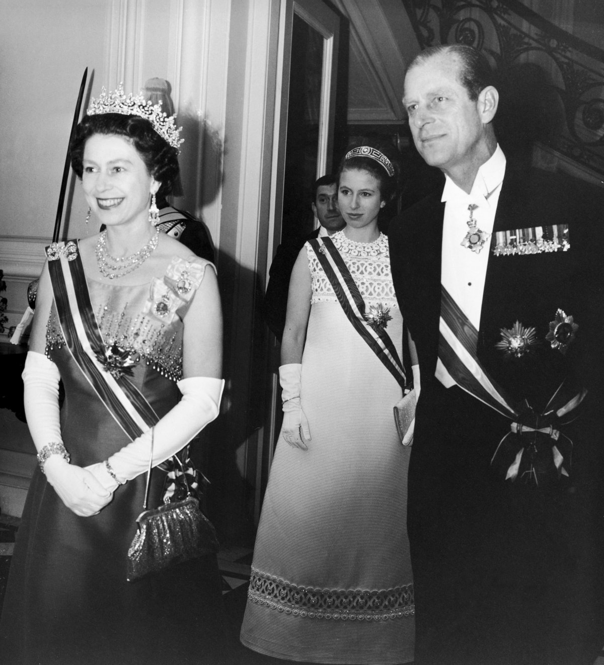 Queen Elizabeth II and the Duke of Edinburgh, with Princess Anne, host a return banquet at the British Embassy in Vienna on May 7, 1969 (Trinity Mirror/Mirrorpix/Alamy)