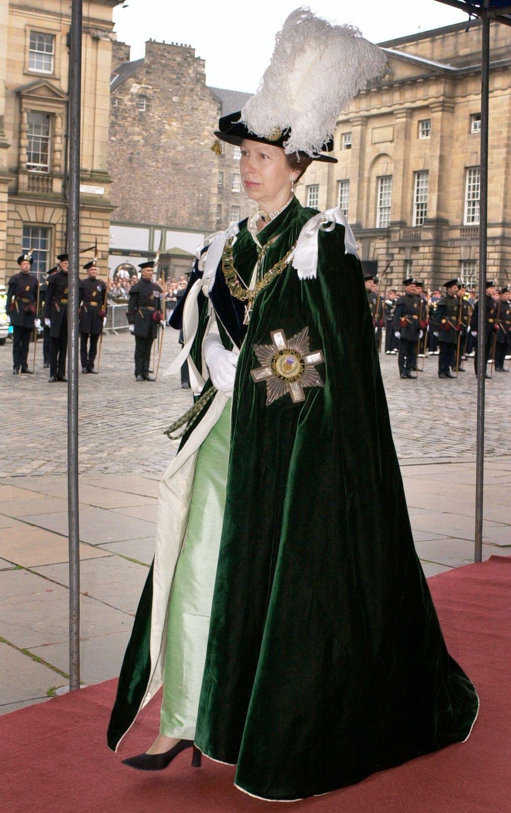The Princess Royal leaves St. Giles' Cathedral in Edinburgh after her Order of the Thistle installation on July 4, 2001 (David Cheskin/PA Images/Alamy)